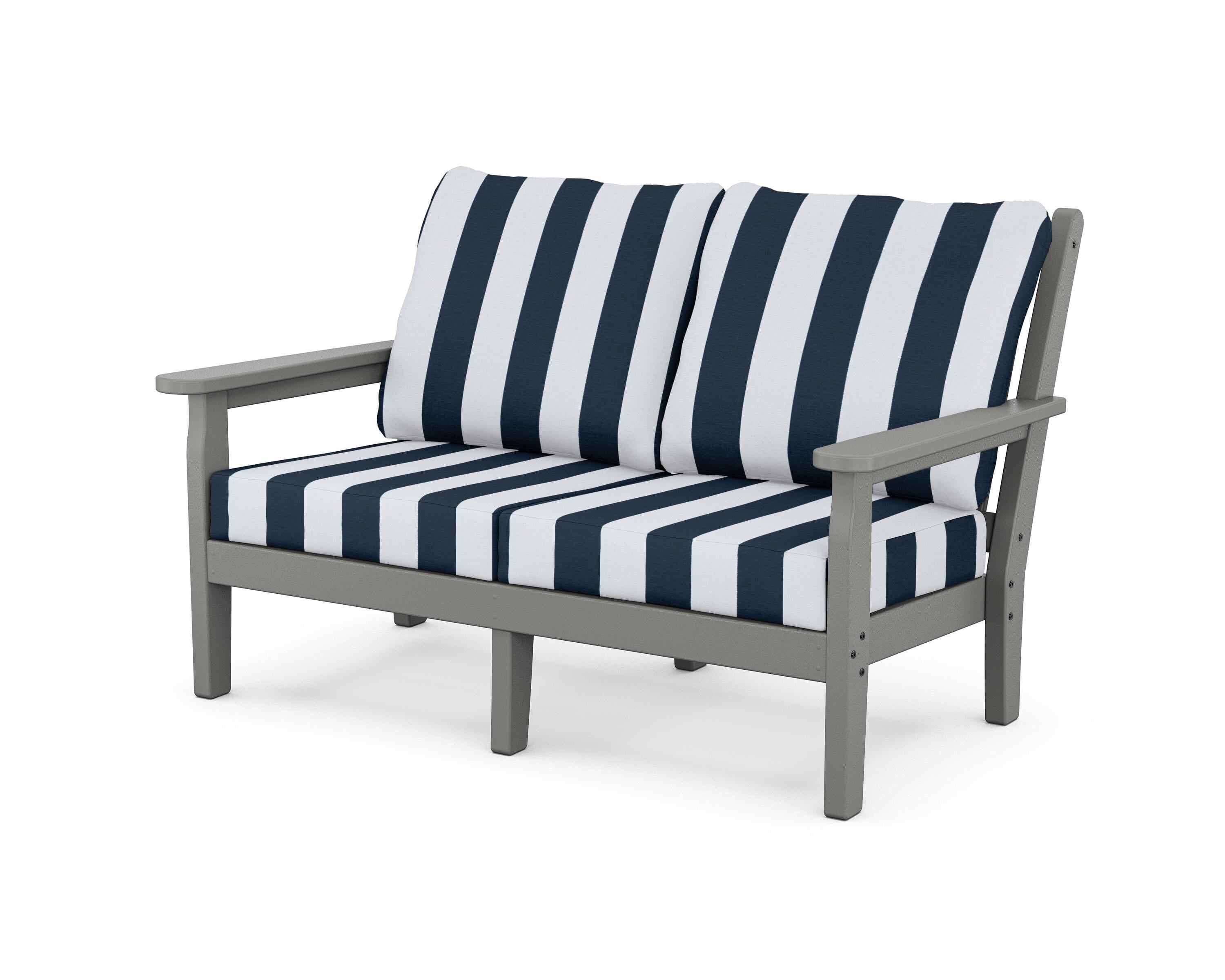 POLYWOOD® Chippendale Deep Seating Loveseat in Slate Grey / Cabana Stripe Marine Indigo