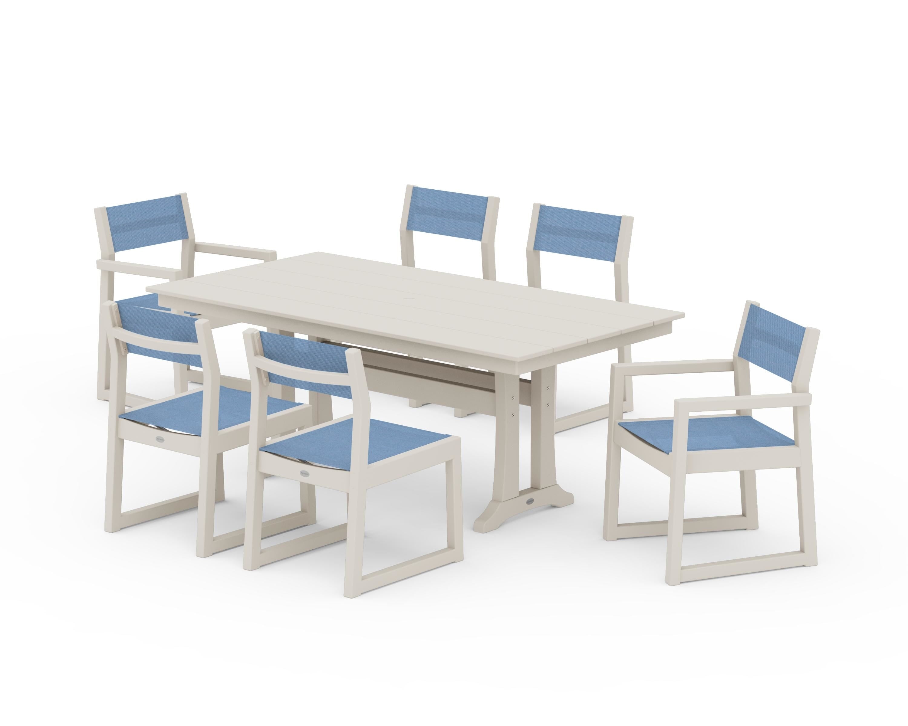 POLYWOOD® EDGE Sling 7-Piece Farmhouse Trestle Dining Set in Sand / Poolside Sling