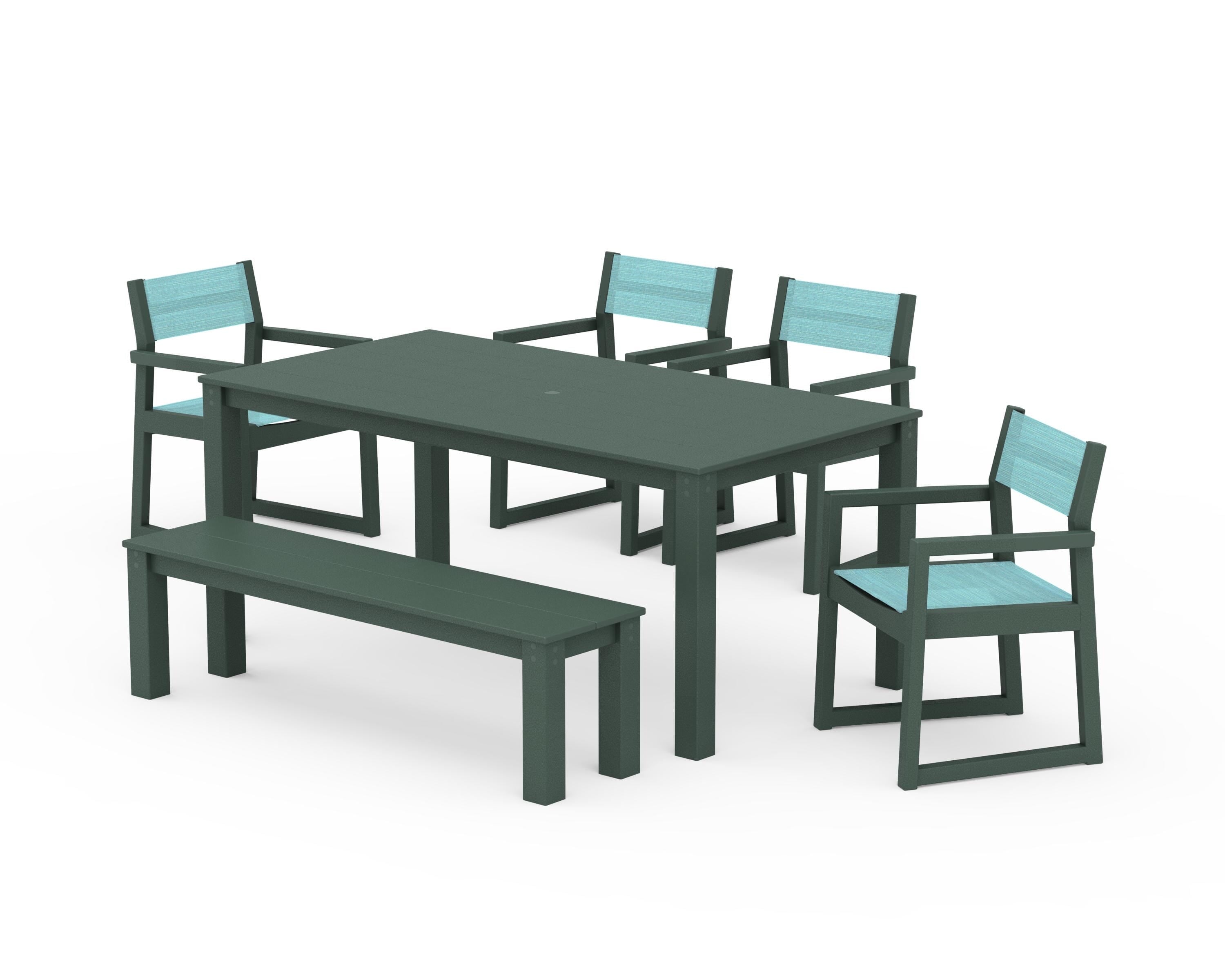 POLYWOOD® EDGE Sling Arm Chair 6-Piece Parsons Dining Set with Bench in Green / Dupioni Aquamarine Sling