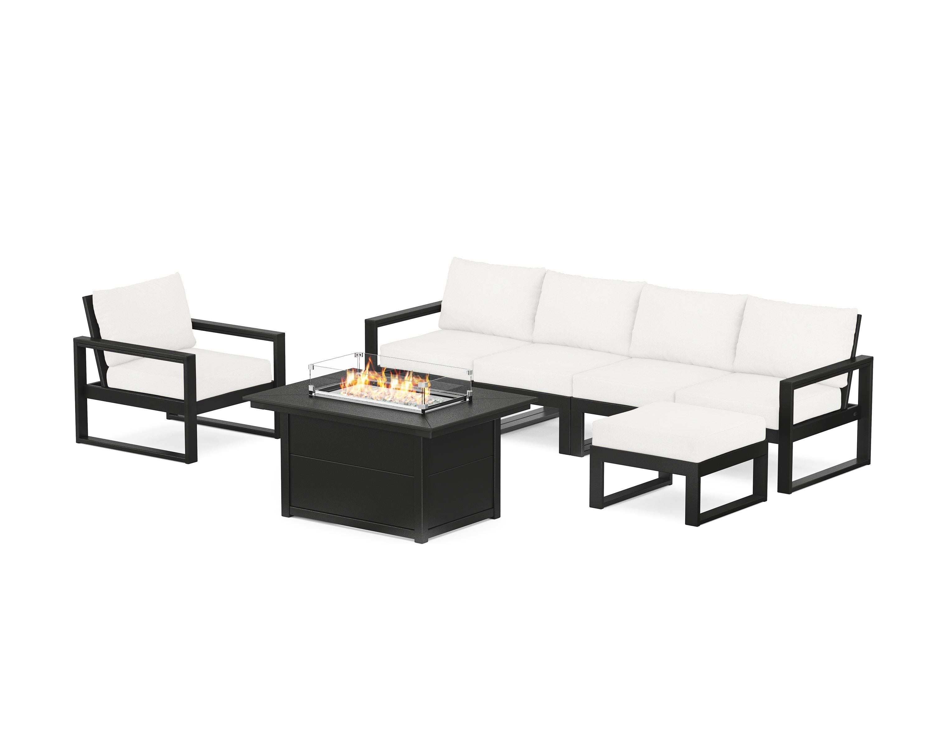 POLYWOOD® EDGE Sectional Lounge and Fire Pit Set in Black / Natural Linen