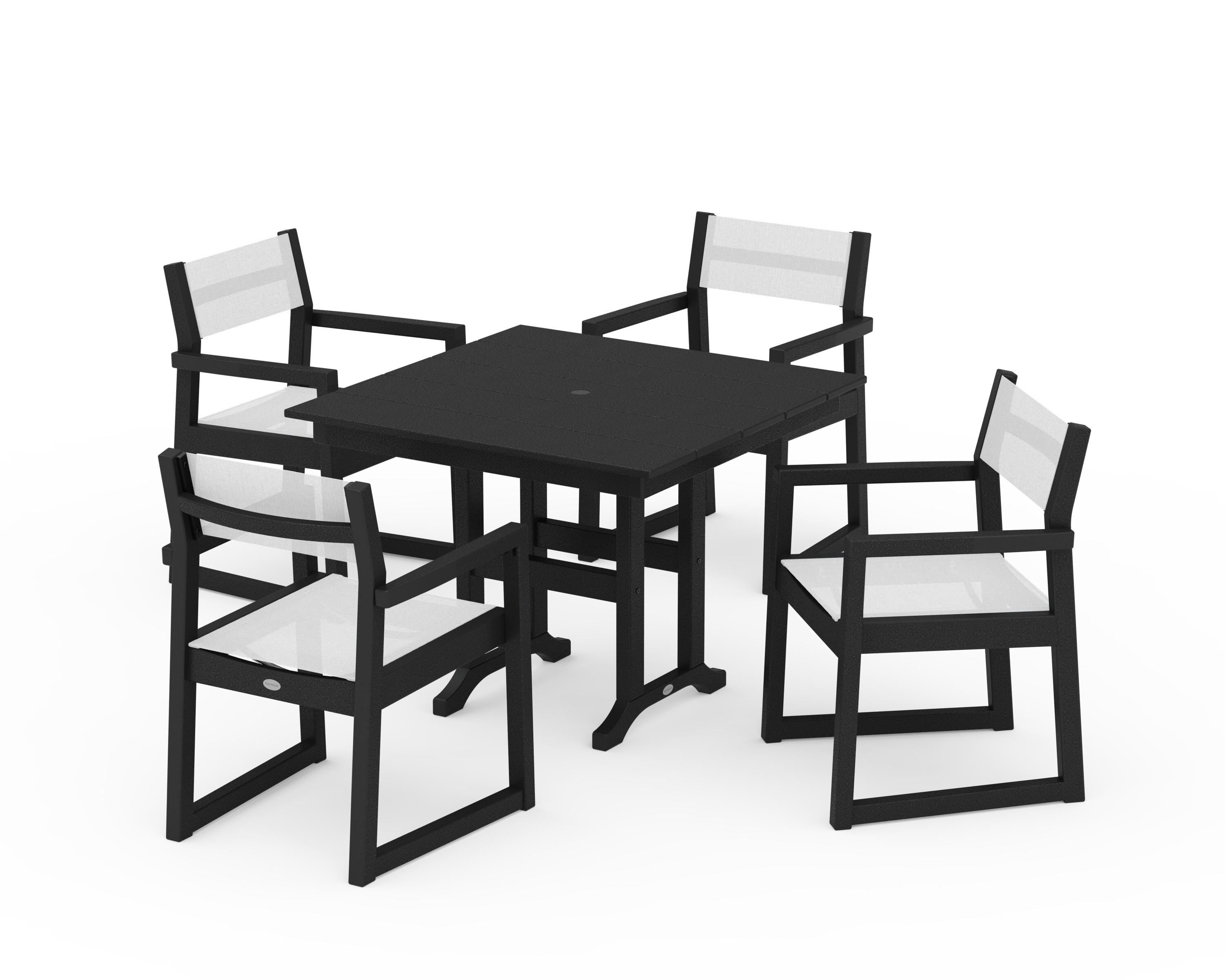 POLYWOOD® EDGE Sling Arm Chair 5-Piece Farmhouse Dining Set in Black / White Sling