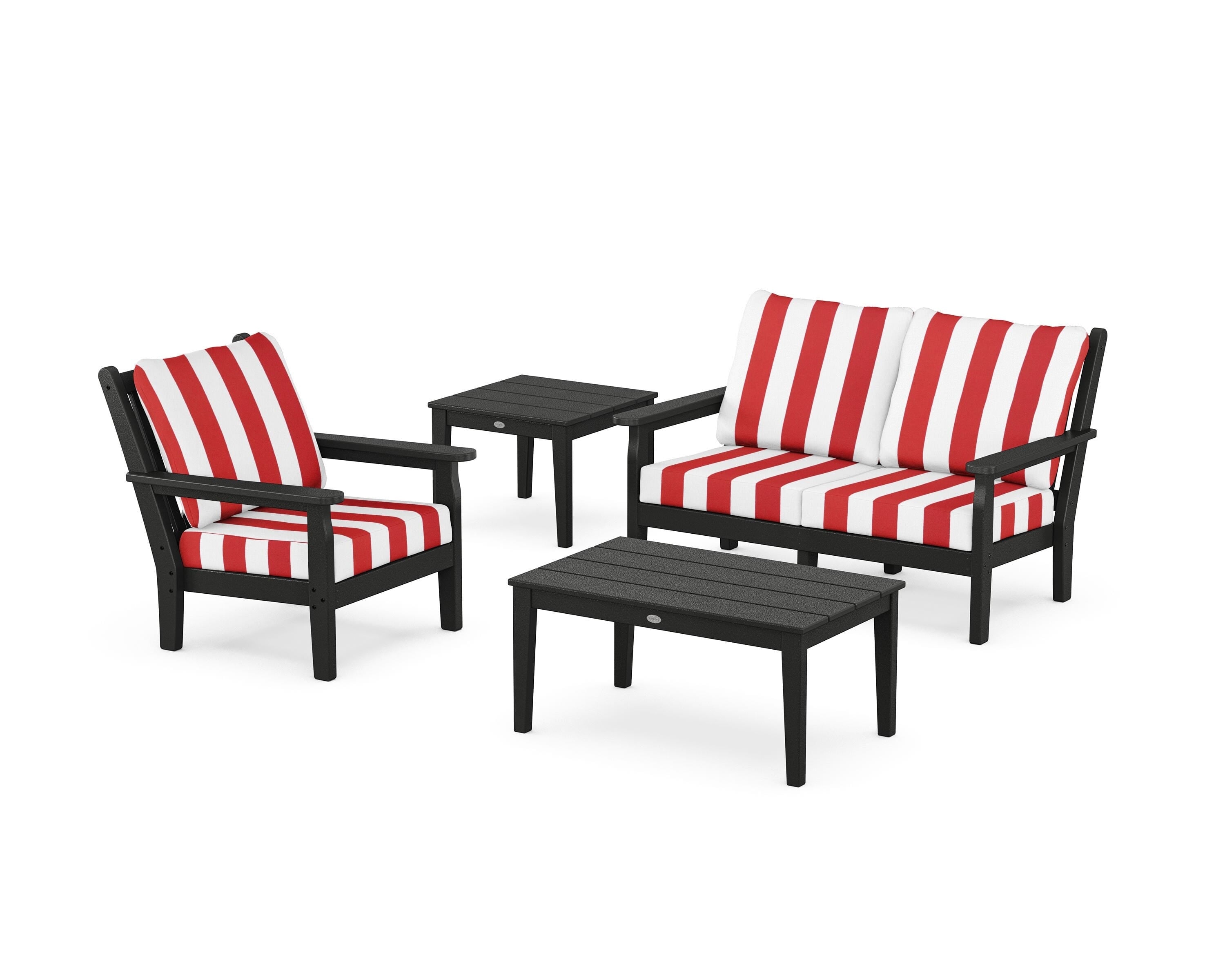 POLYWOOD® Chippendale 4-Piece Deep Seating Set in Black / Cabana Stripe Crimson