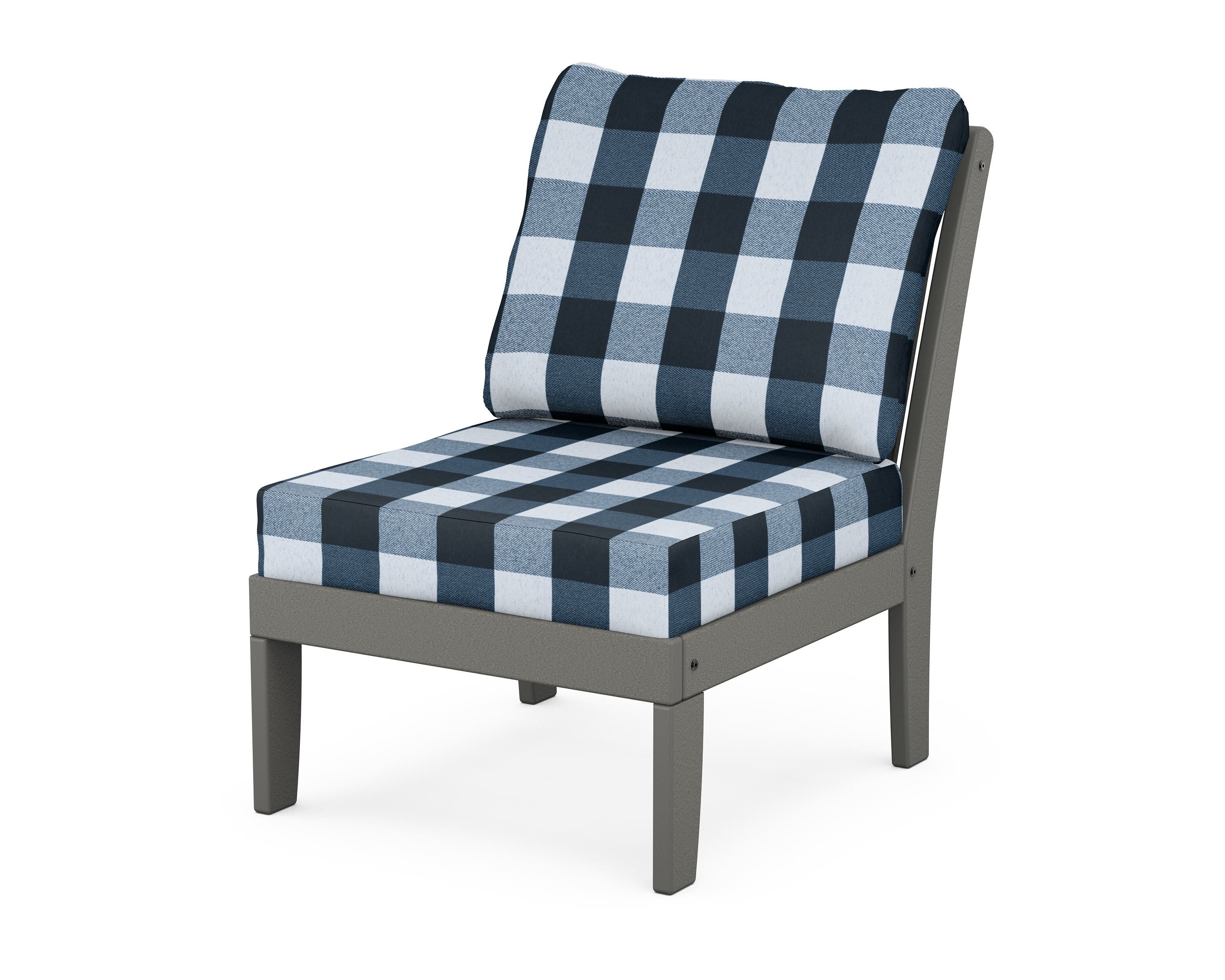 POLYWOOD® Braxton Modular Armless Chair in Slate Grey / Buffalo Plaid Marine Indigo