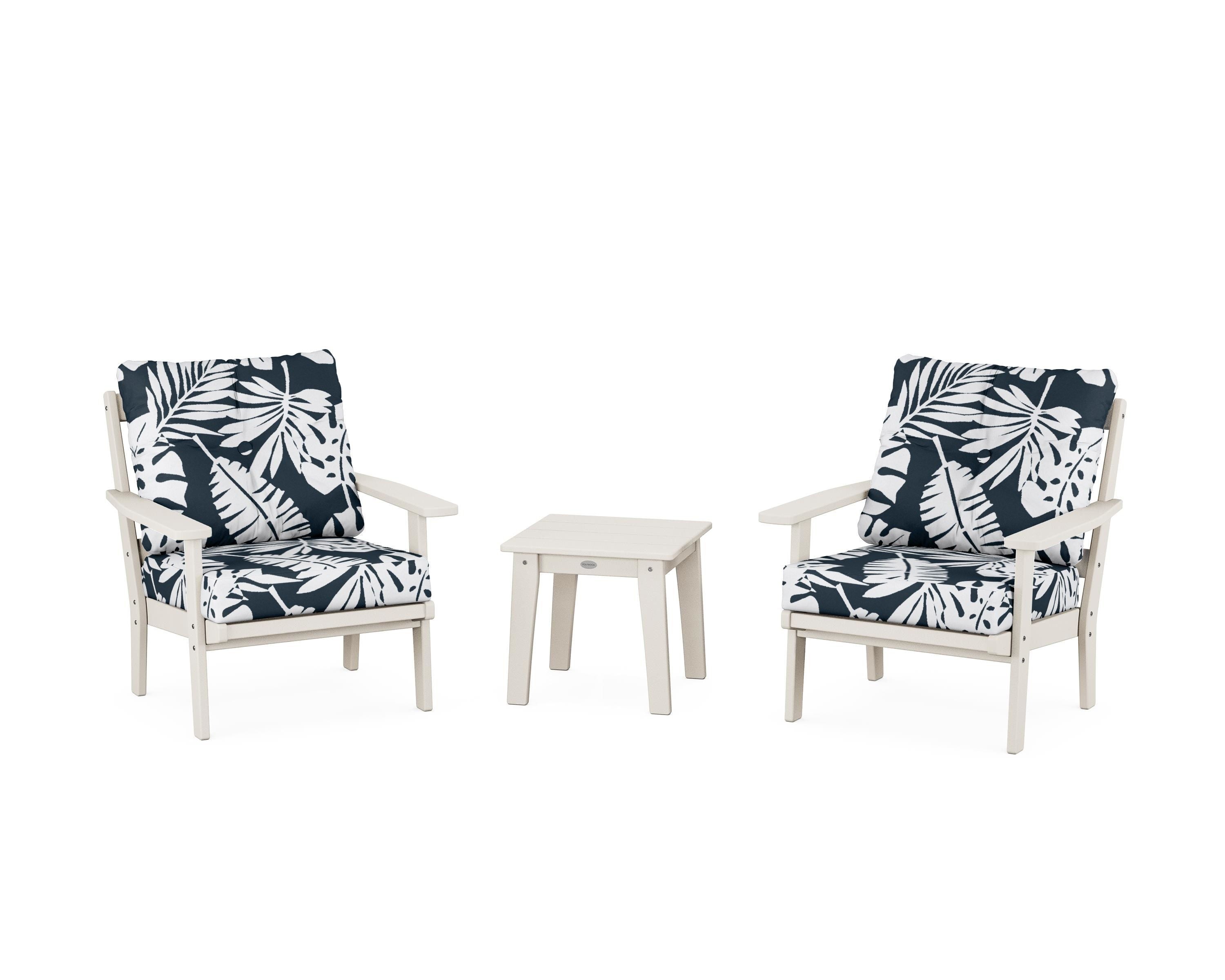 POLYWOOD® Oxford 3-Piece Deep Seating Set in Sand / Leaf Marine Indigo