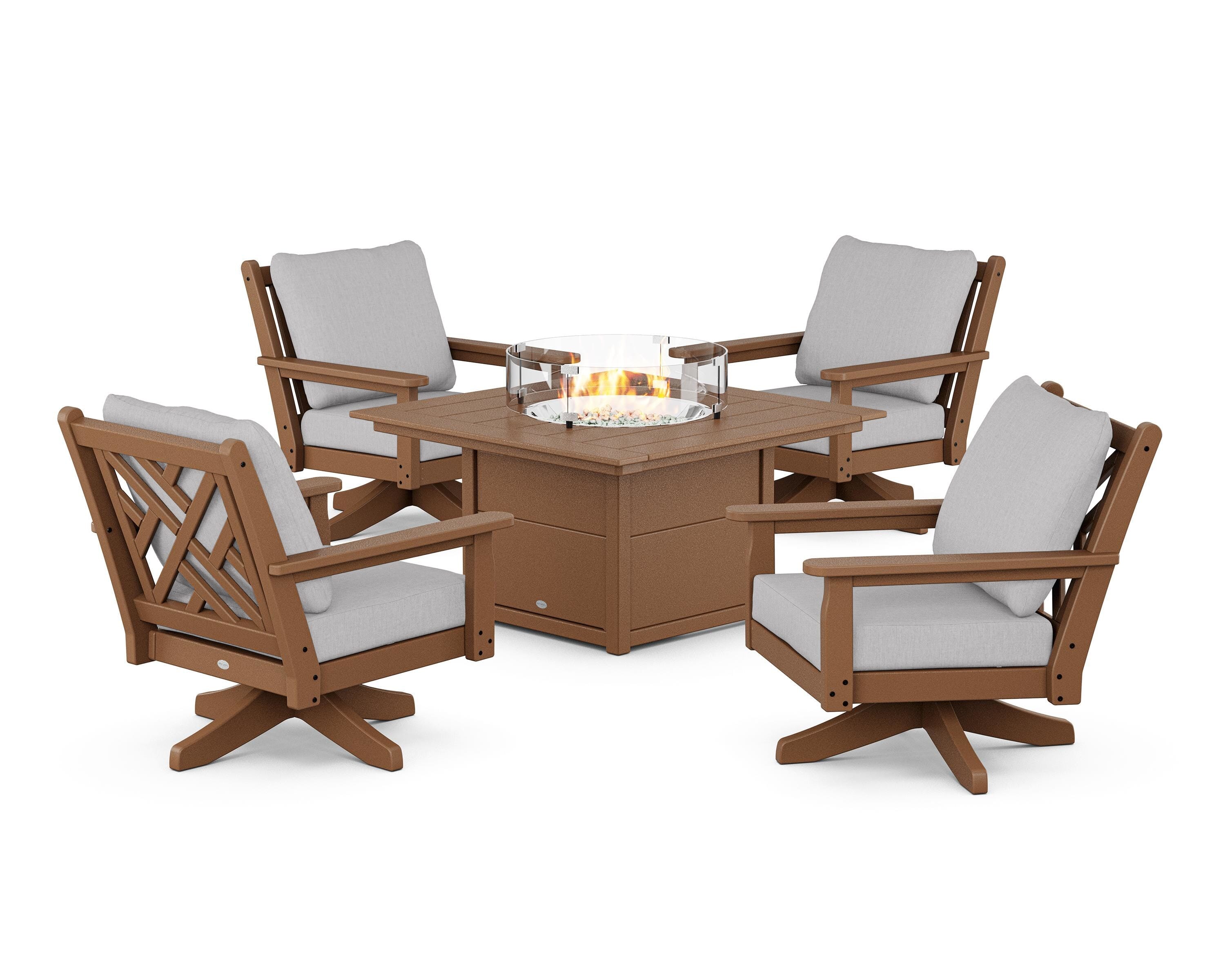 POLYWOOD® Chippendale 5-Piece Deep Seating Swivel Conversation Set with Fire Pit Table in Teak / Granite