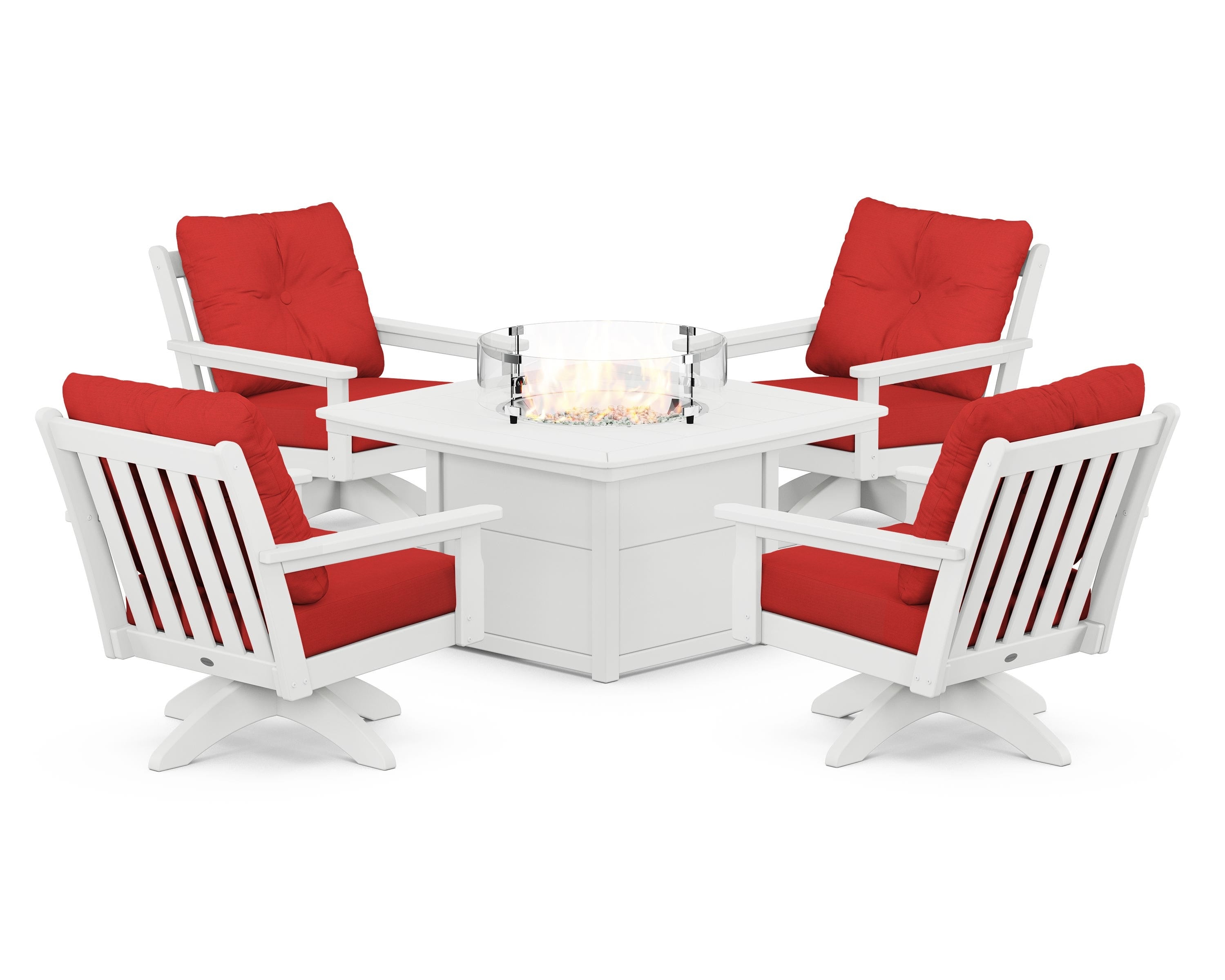 POLYWOOD® Vineyard 5-Piece Deep Seating Swivel Conversation Set with Fire Pit Table in White / Crimson Linen