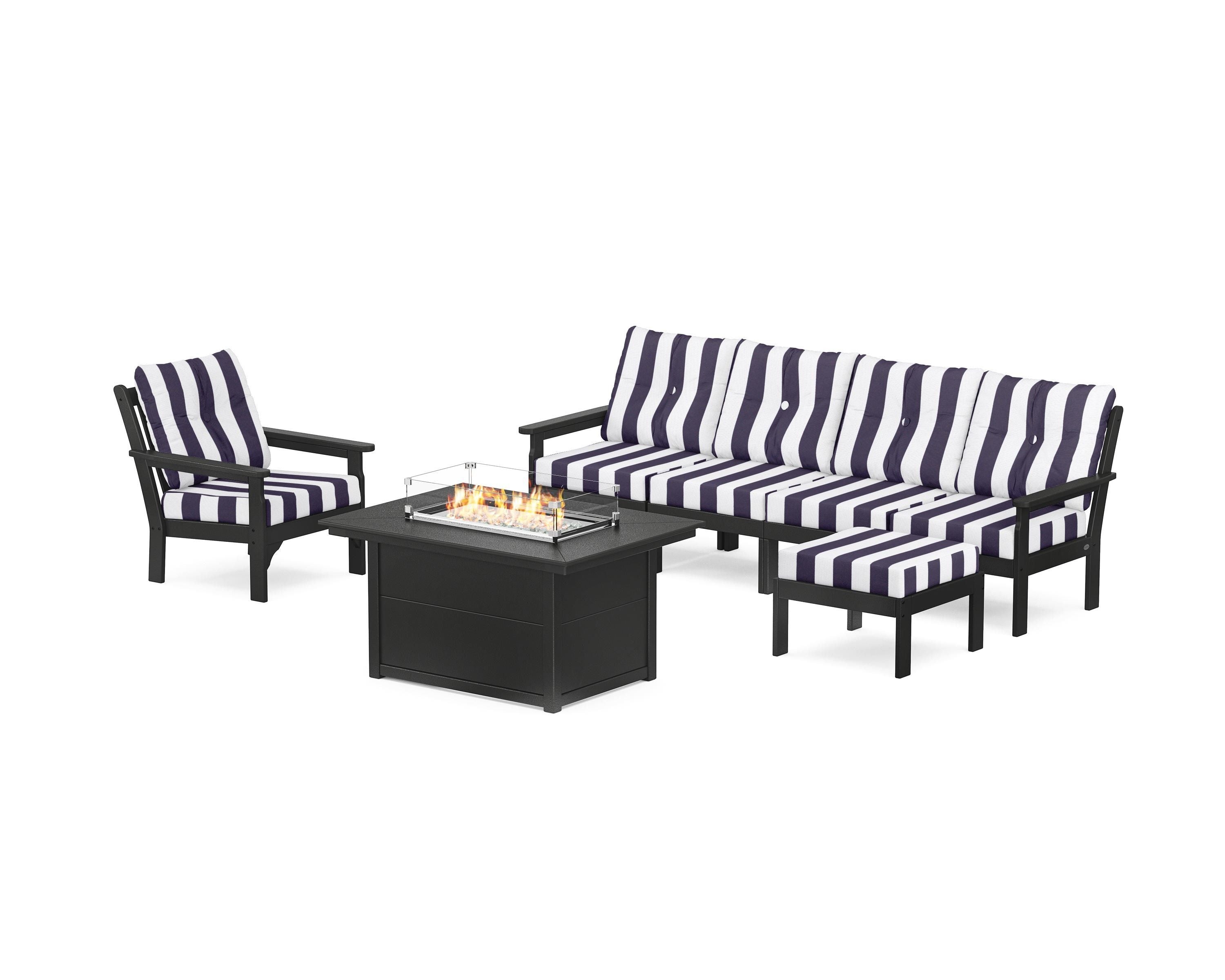 POLYWOOD® Vineyard Sectional Lounge and Fire Pit Set in Black / Cabana Stripe Navy