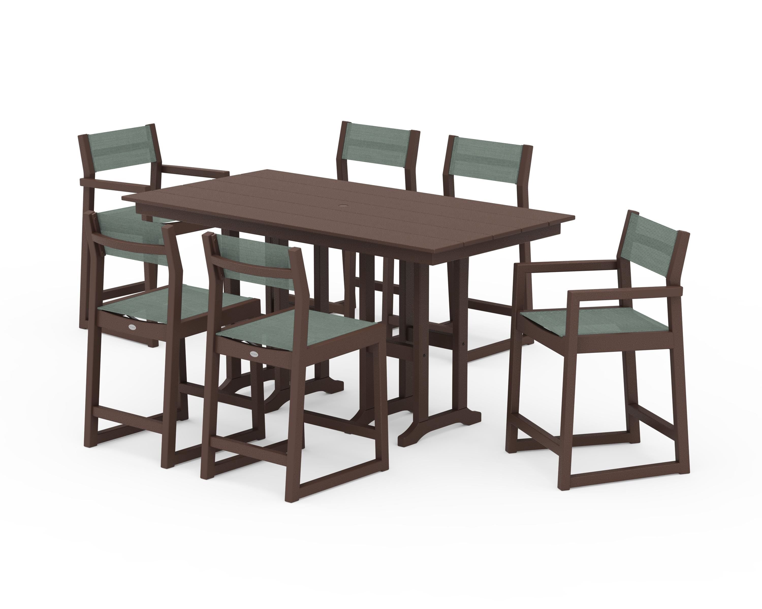 POLYWOOD® EDGE Sling 7-Piece Farmhouse Counter Set with Trestle Legs in Mahogany / Dupioni Sea Mist Sling
