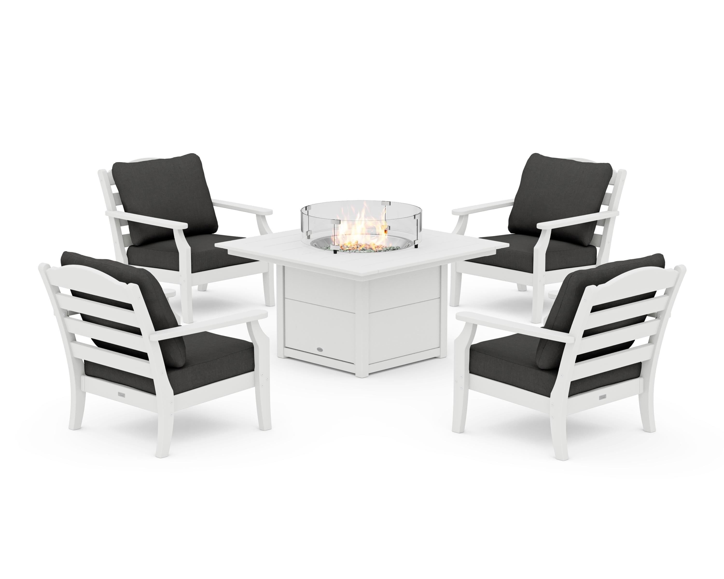 Draper James™ by POLYWOOD® Savannah 5-Piece Deep Seating Set with Fire Pit Table in White / Spectrum Carbon
