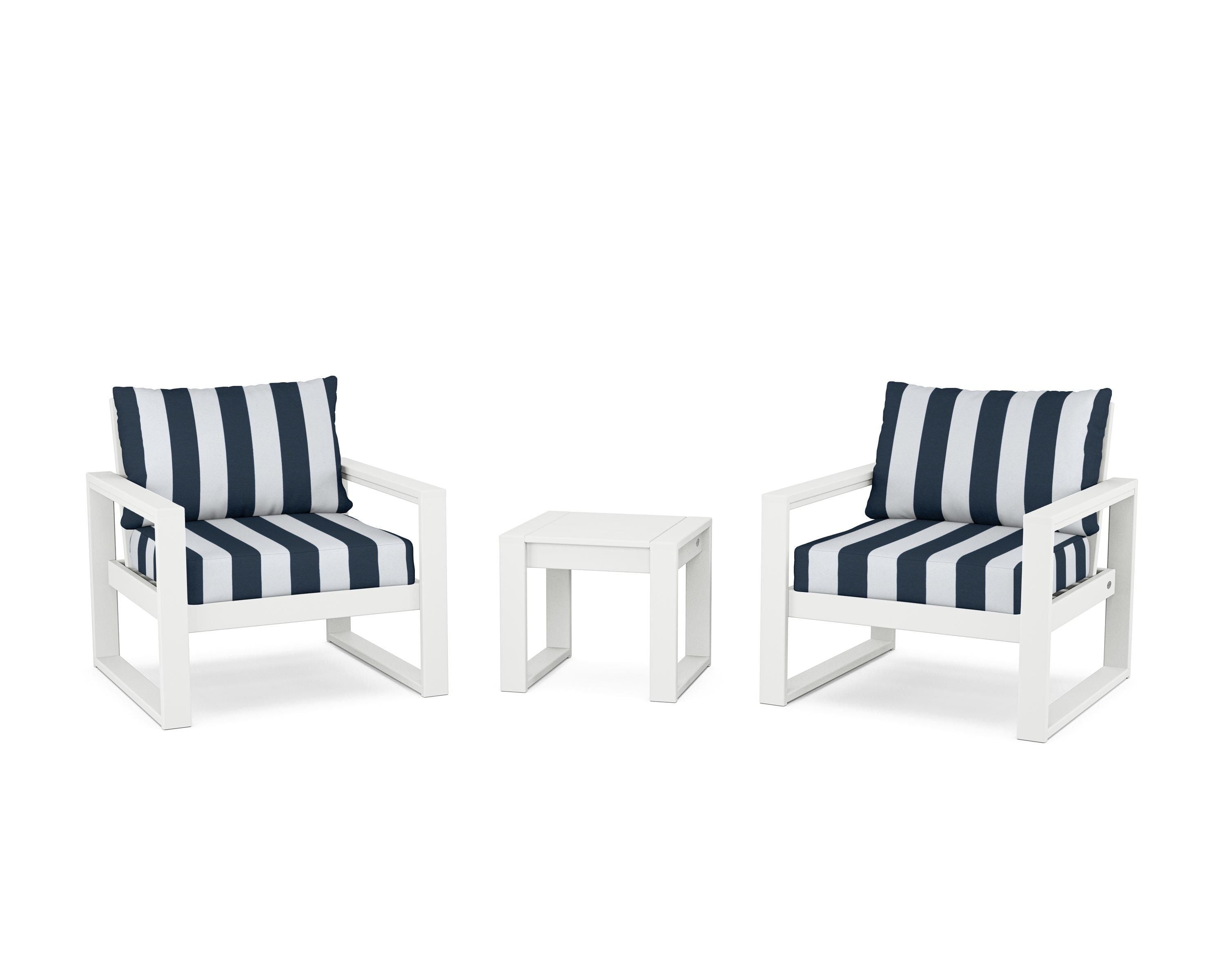 POLYWOOD® EDGE Sectional 3-Piece Deep Seating Set in White / Cabana Stripe Marine Indigo