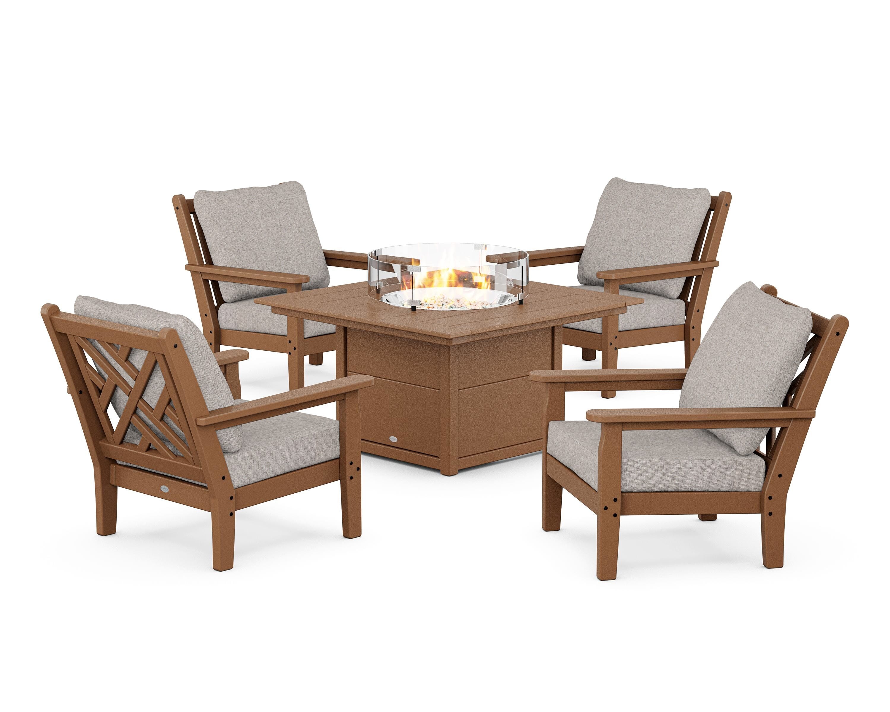 POLYWOOD® Chippendale 5-Piece Deep Seating Set with Fire Pit Table in Teak / Weathered Tweed