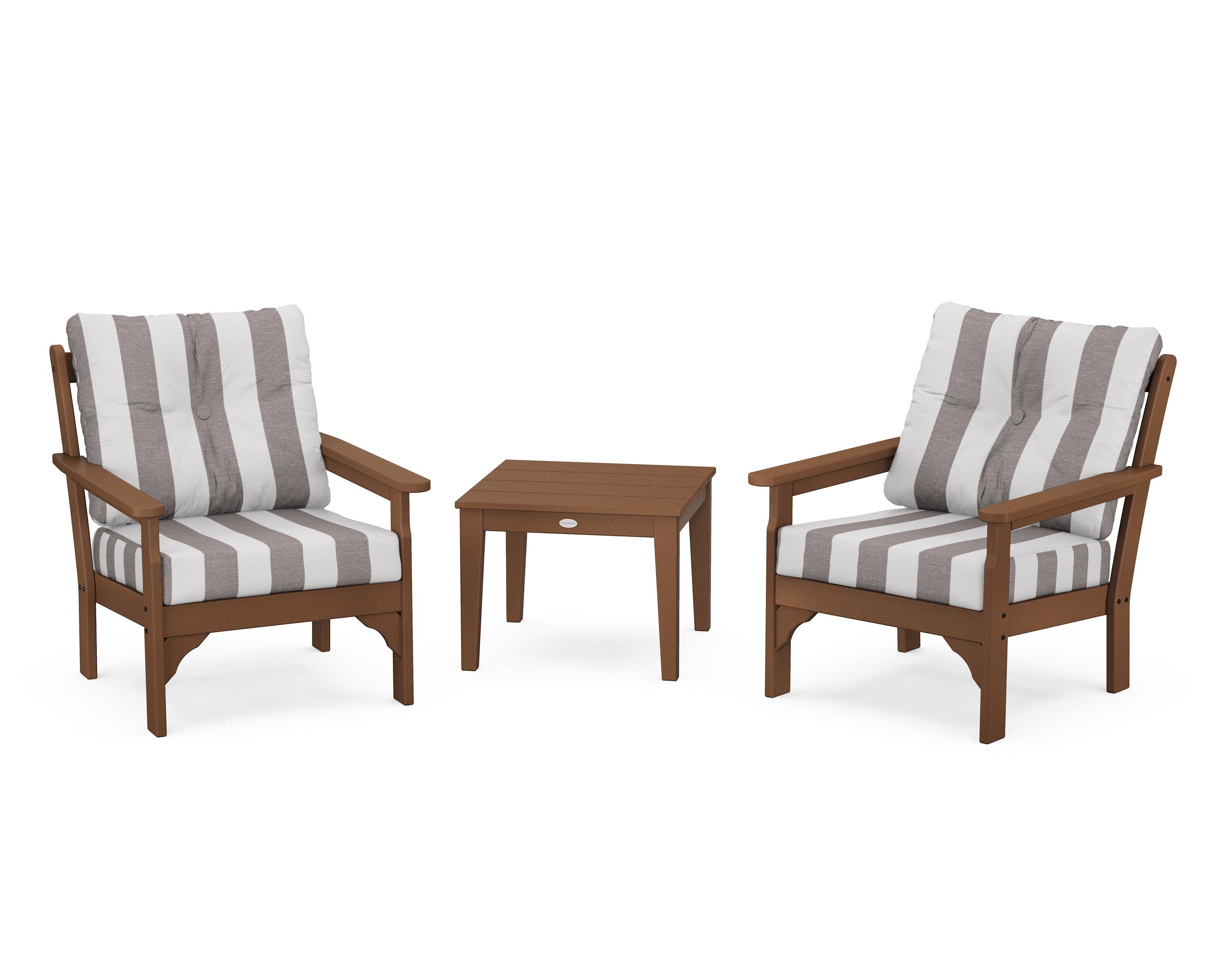 POLYWOOD® Vineyard 3-Piece Deep Seating Set in Teak / Cabana Stripe Grey Mist
