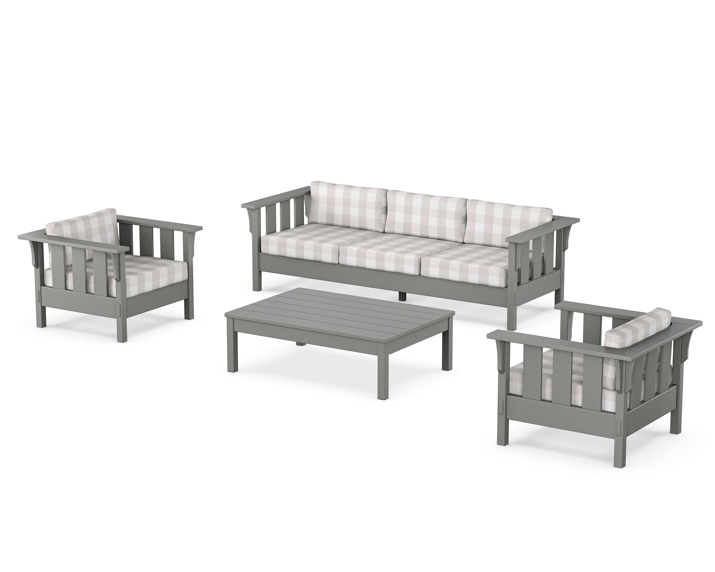 Martha Stewart by POLYWOOD® Acadia 4-Piece Deep Seating Set with Sofa in Slate Grey / Buffalo Plaid Dune Burlap