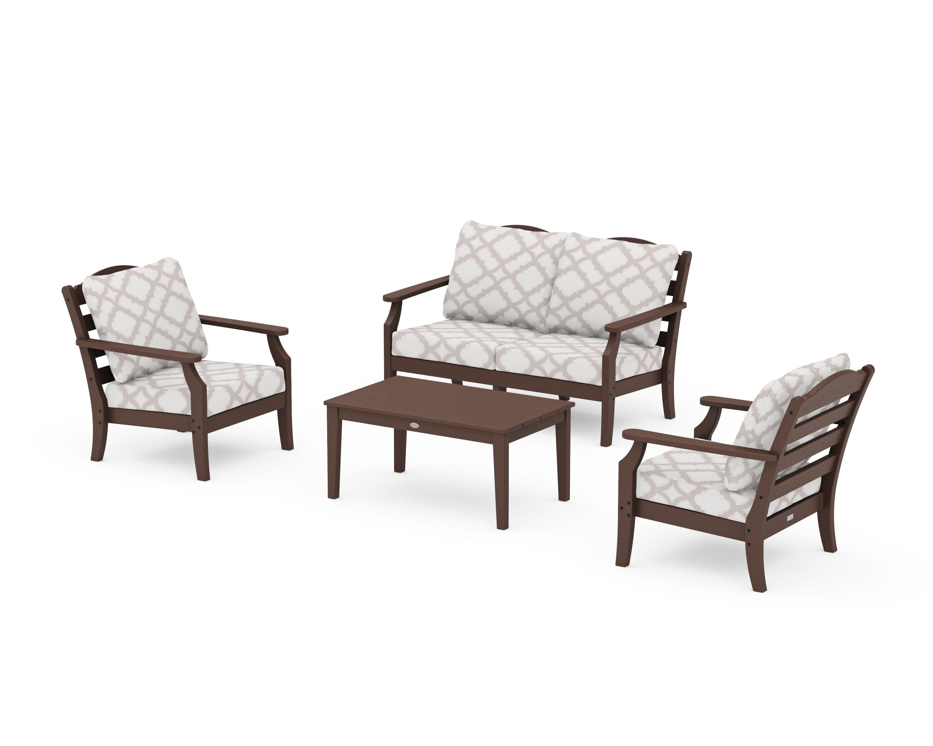 Draper James™ by POLYWOOD® Savannah 4-Piece Deep Seating Set with Loveseat in Mahogany / Trellis Dune Burlap