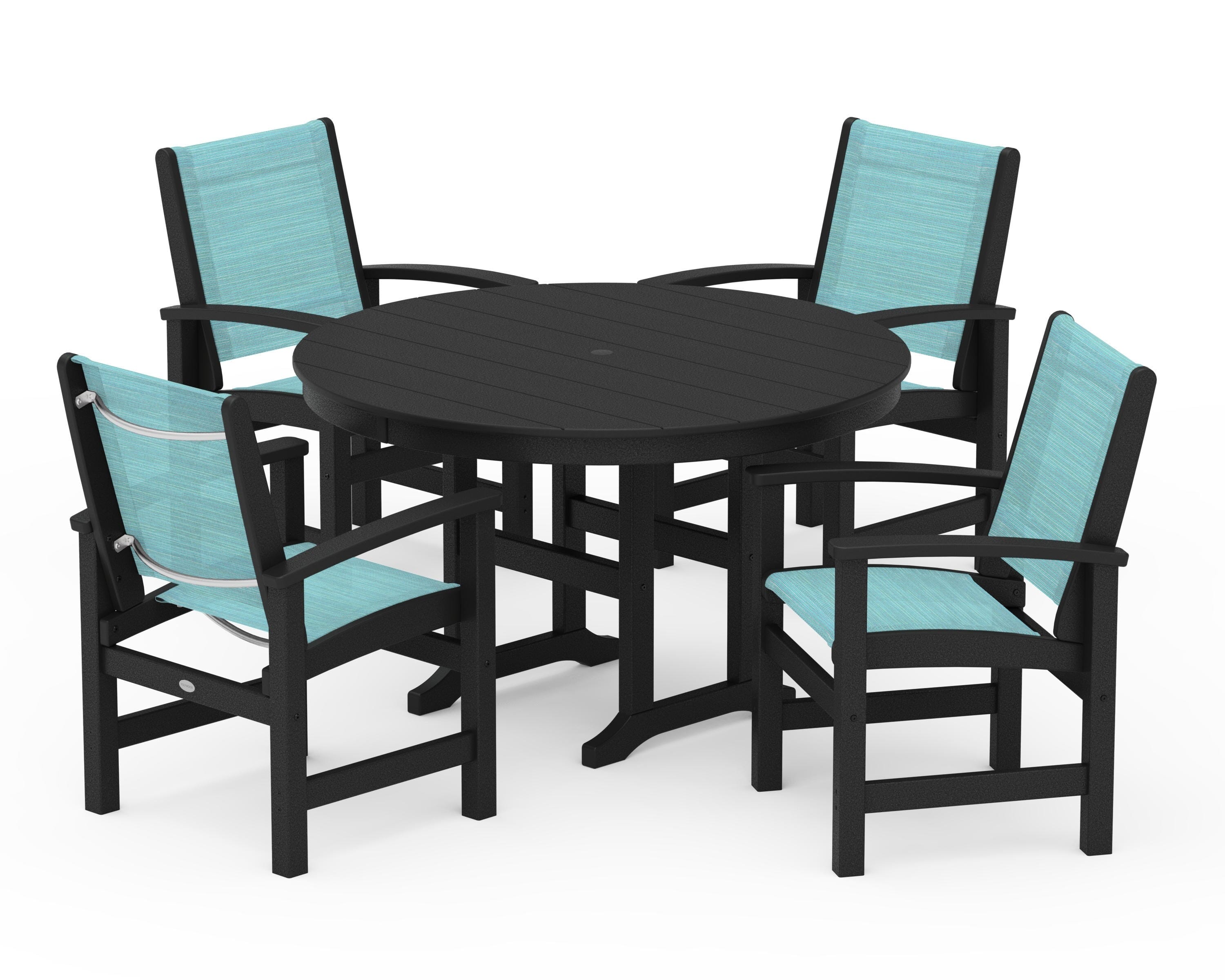 POLYWOOD® Coastal 5-Piece Round Farmhouse Dining Set in Black / Dupioni Aquamarine Sling