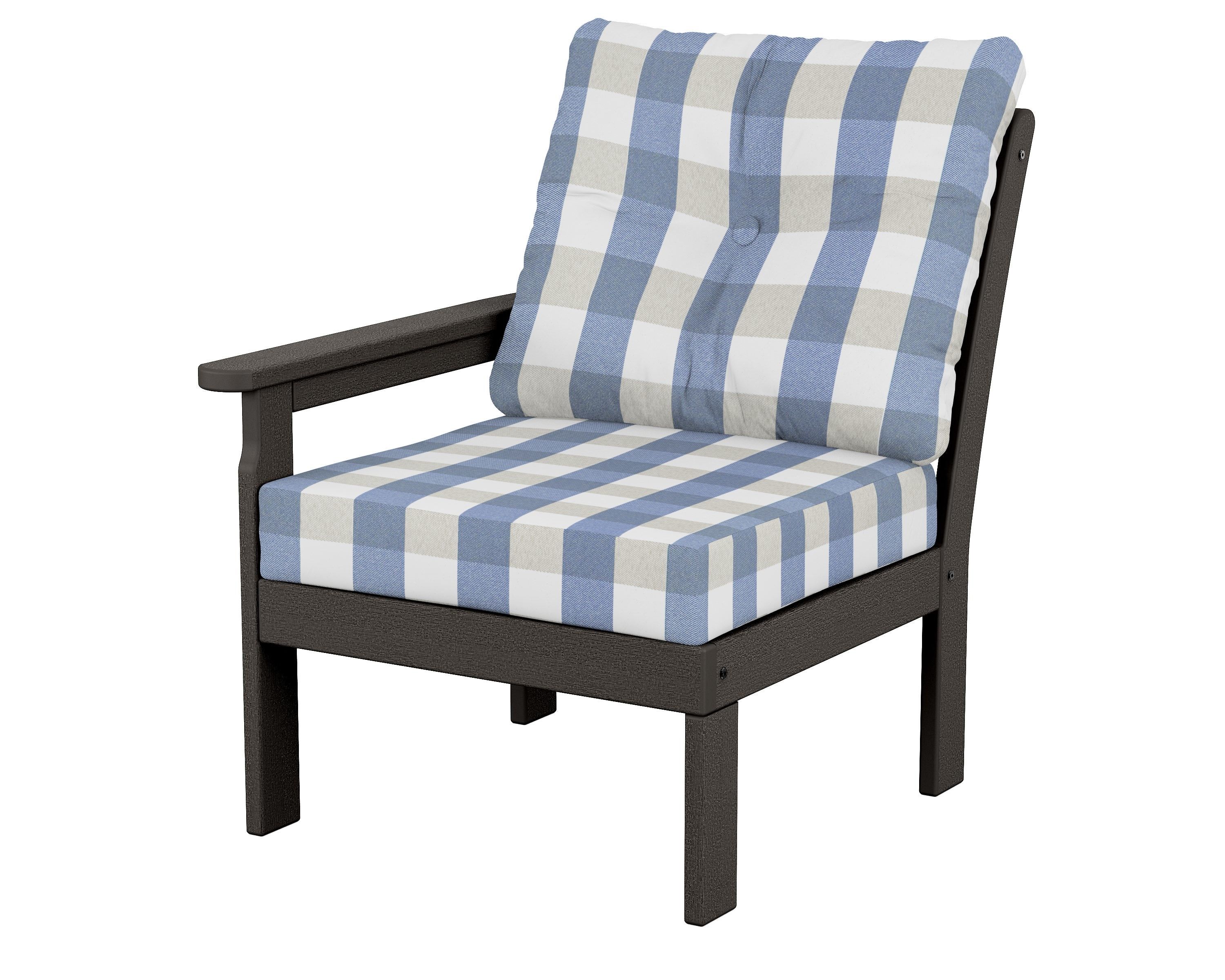 POLYWOOD® Vineyard Modular Left Arm Chair in Vintage Coffee / Buffalo Plaid Sky Blue