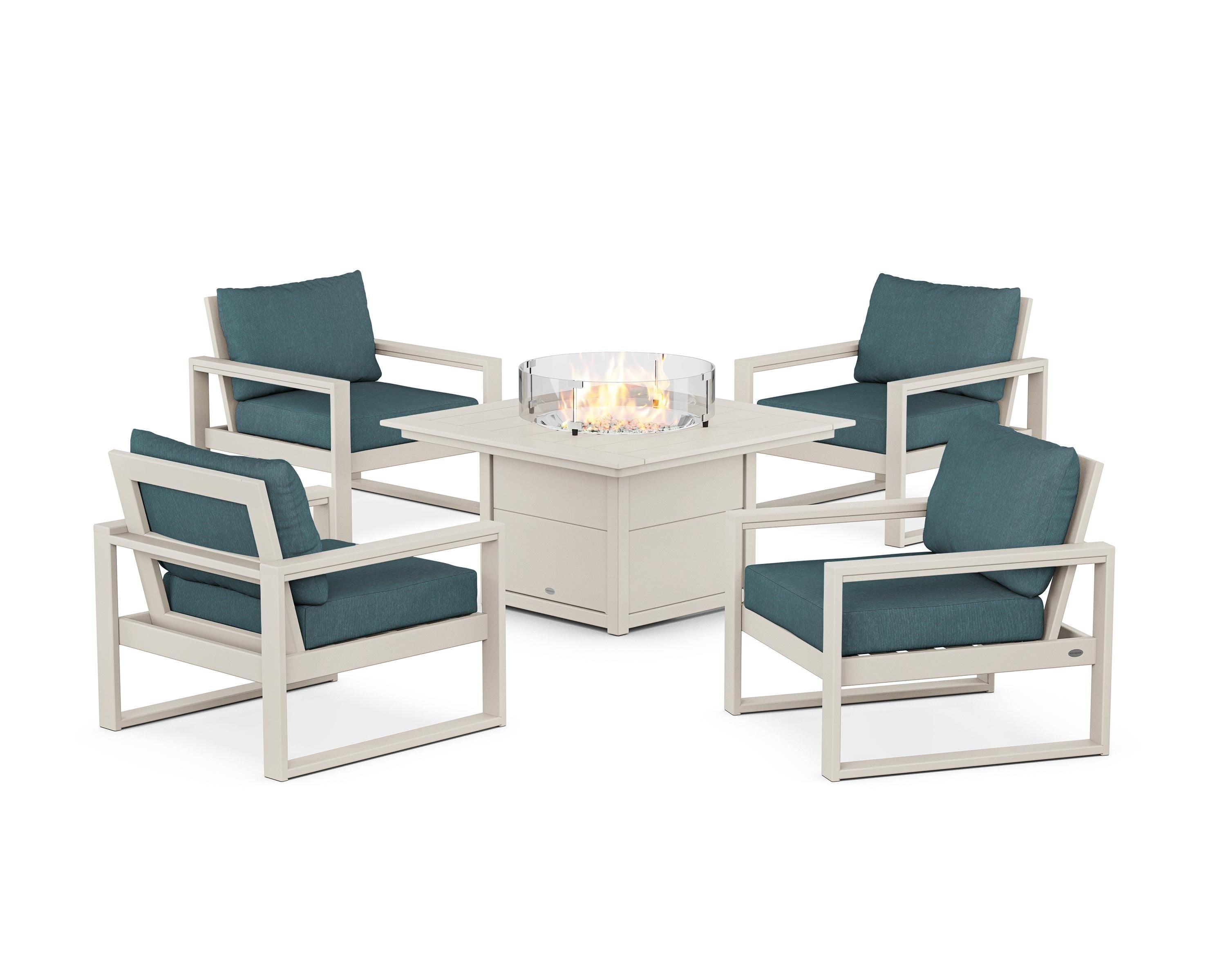 POLYWOOD® EDGE Sectional 5-Piece Deep Seating Set with Fire Pit Table in Sand / Ocean Teal