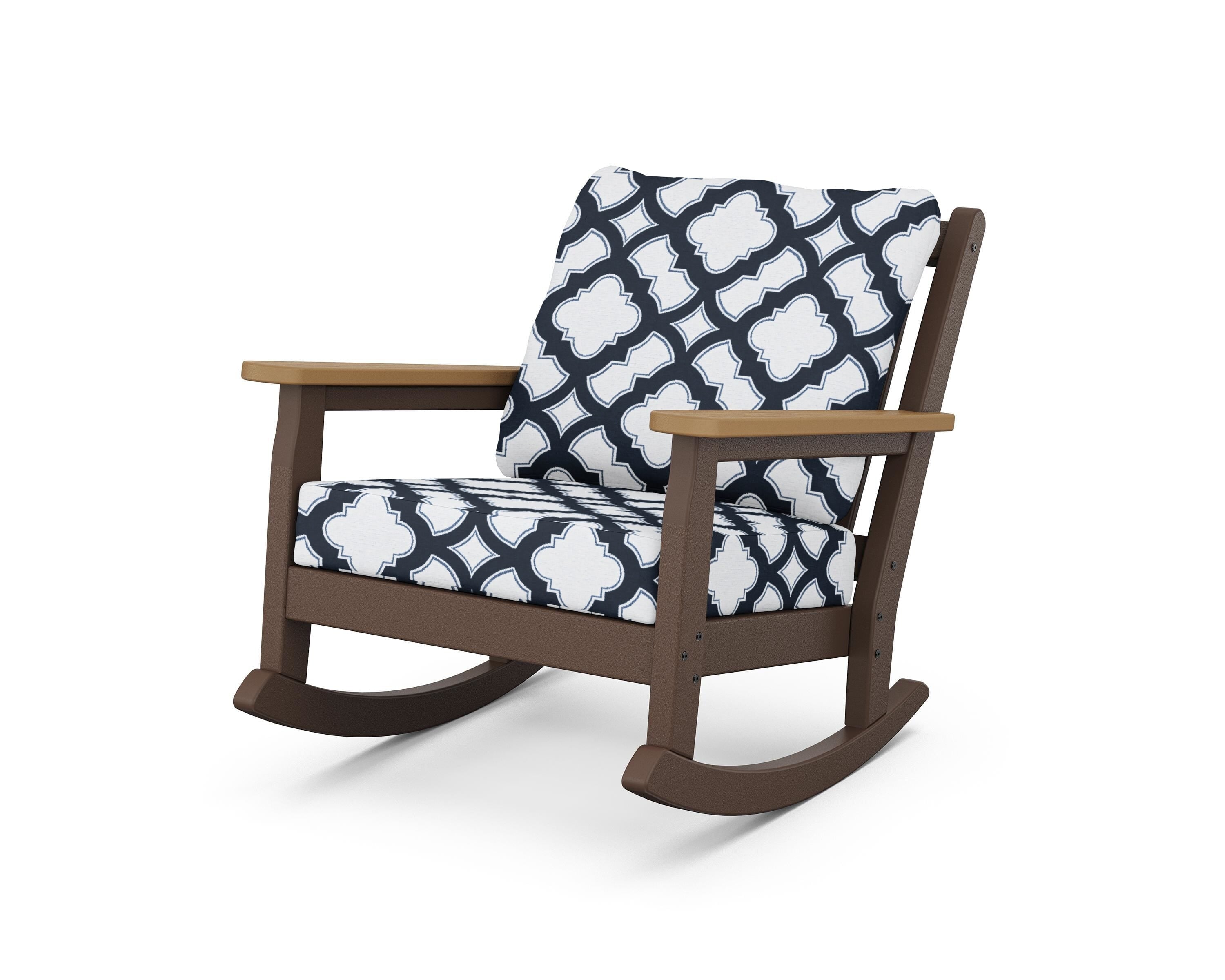 POLYWOOD® Chippendale Deep Seating Rocking Chair in Mahogany / Natural / Trellis Marine Indigo
