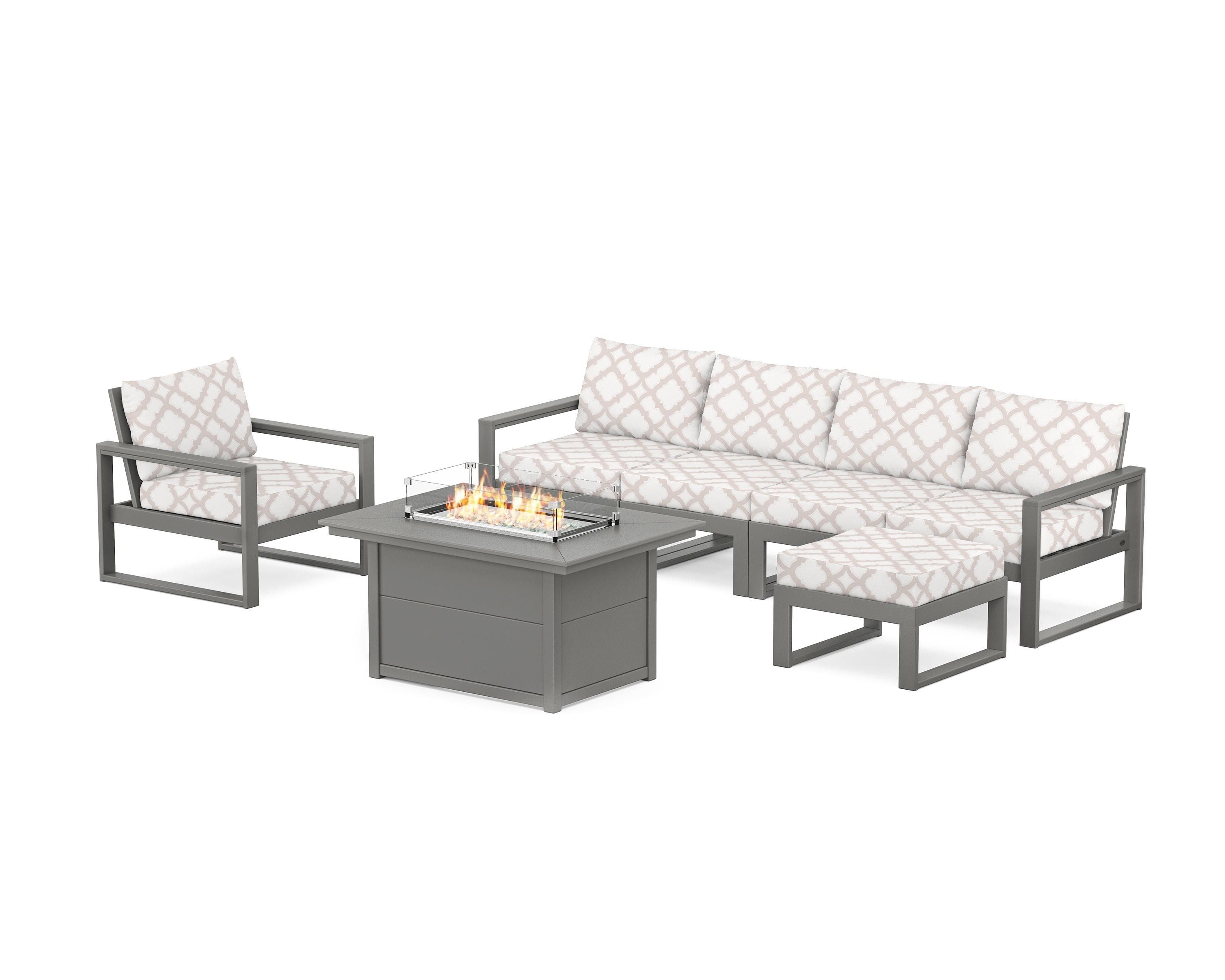 POLYWOOD® EDGE Sectional Lounge and Fire Pit Set in Slate Grey / Trellis Dune Burlap