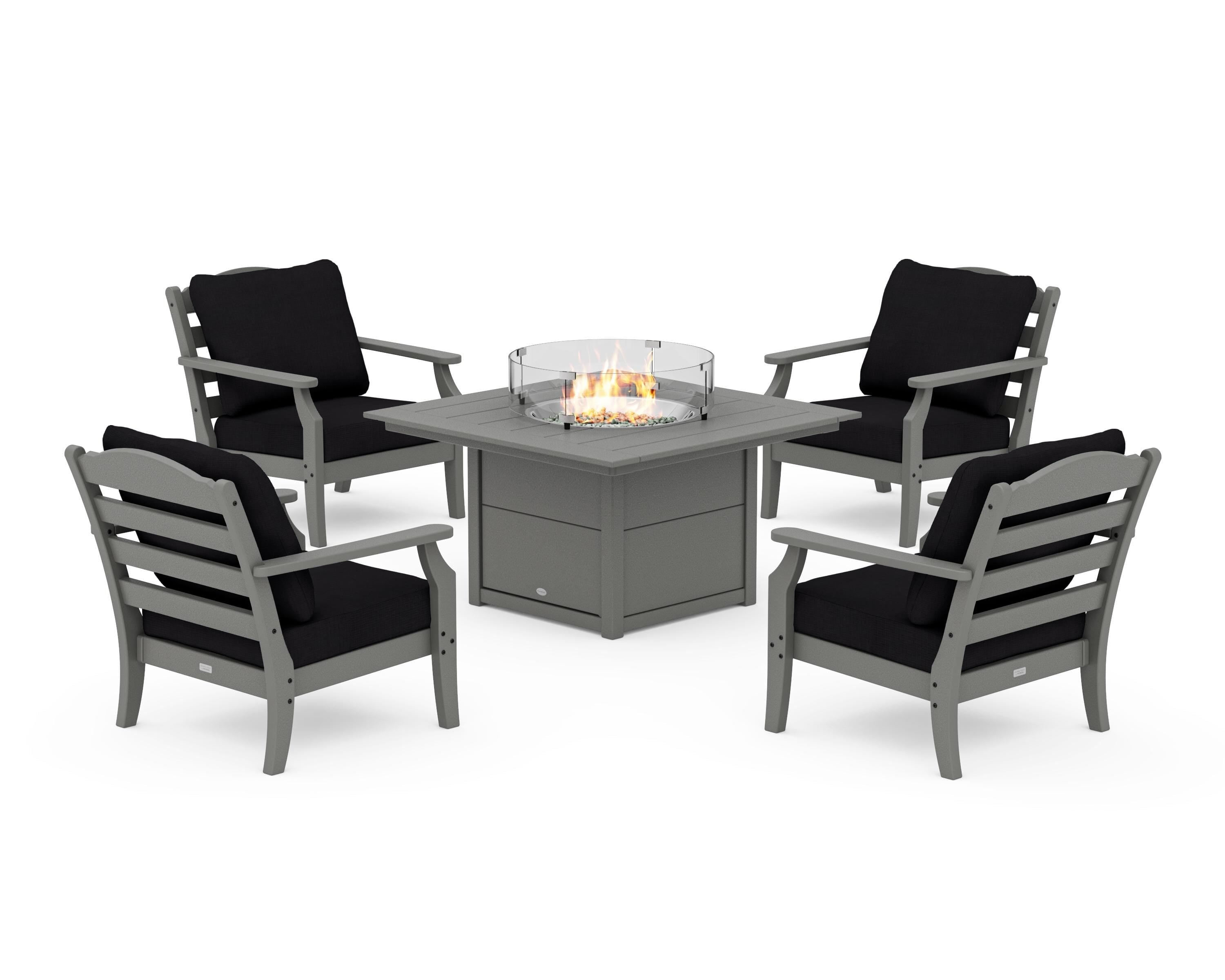 Draper James™ by POLYWOOD® Savannah 5-Piece Deep Seating Set with Fire Pit Table in Slate Grey / Midnight Linen