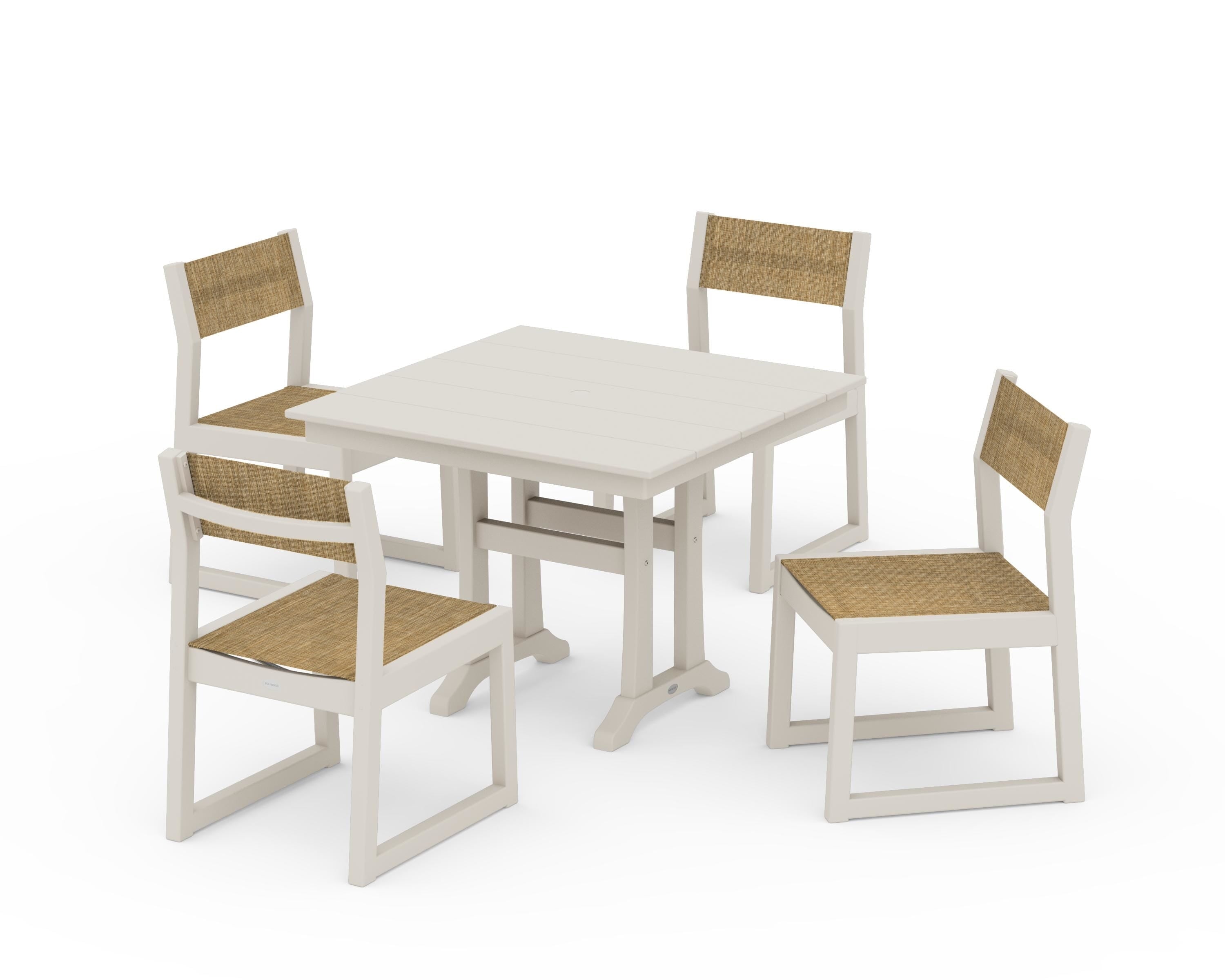 POLYWOOD® EDGE Sling 5-Piece Farmhouse Trestle Side Chair Dining Set in Sand / Burlap Sling