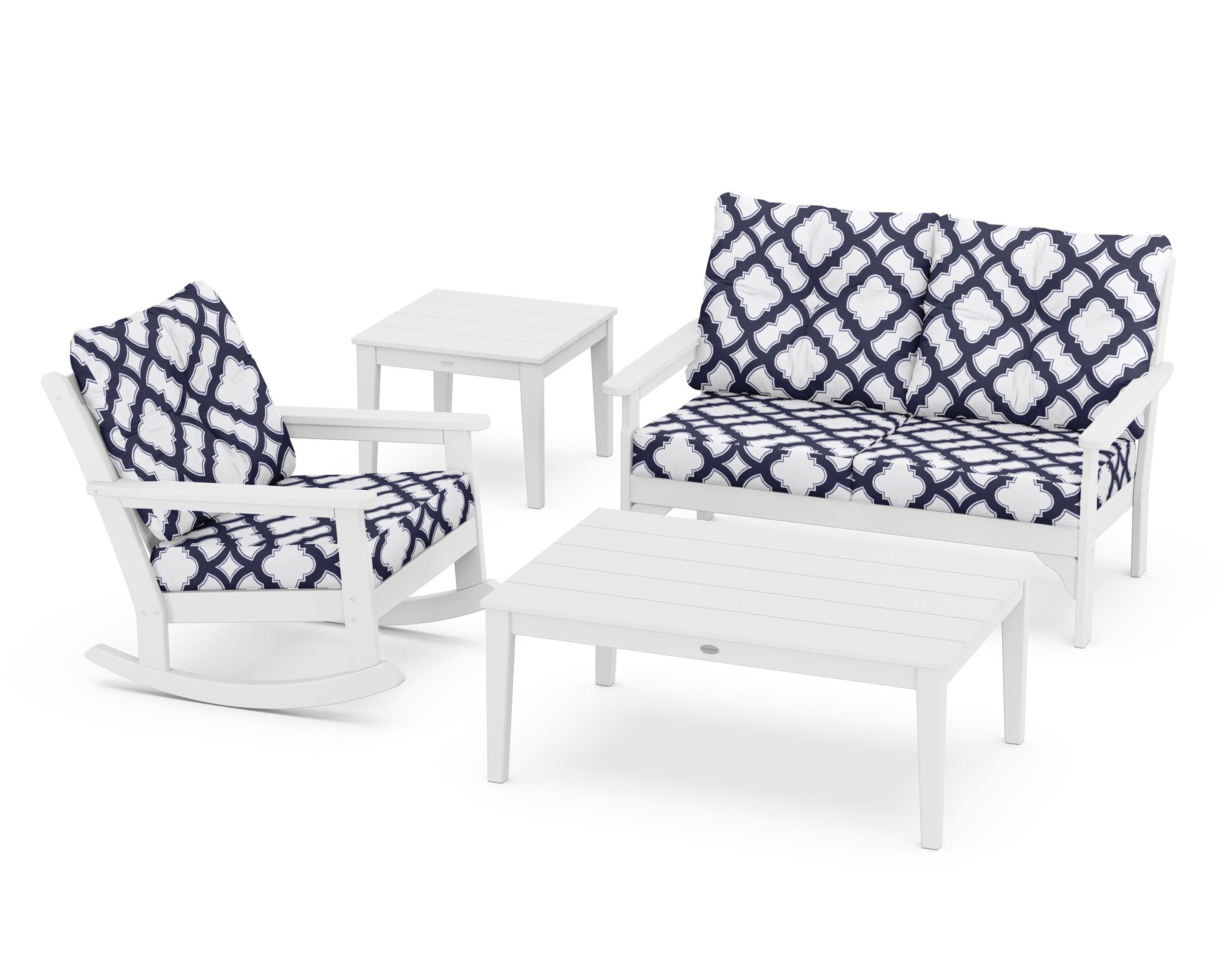 POLYWOOD® Vineyard 4-Piece Deep Seating Rocker Set in White / Trellis Navy