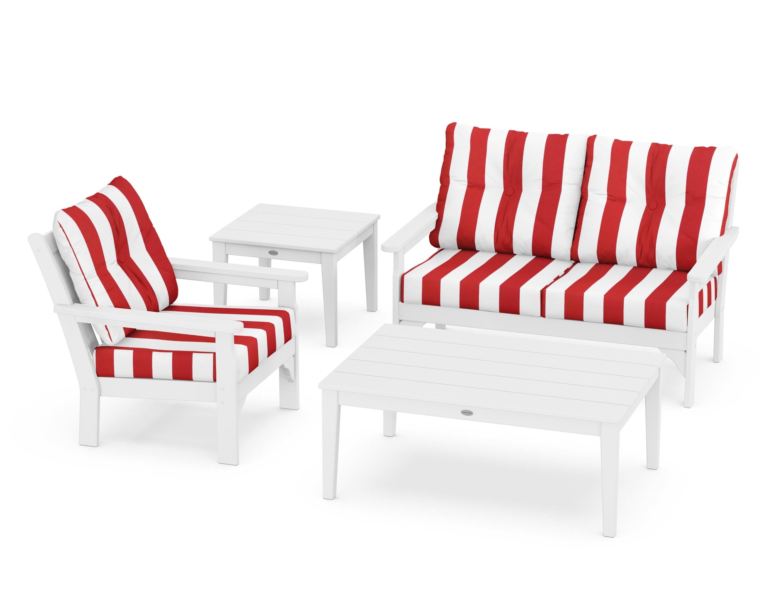 POLYWOOD® Vineyard 4-Piece Deep Seating Set in White / Cabana Stripe Crimson