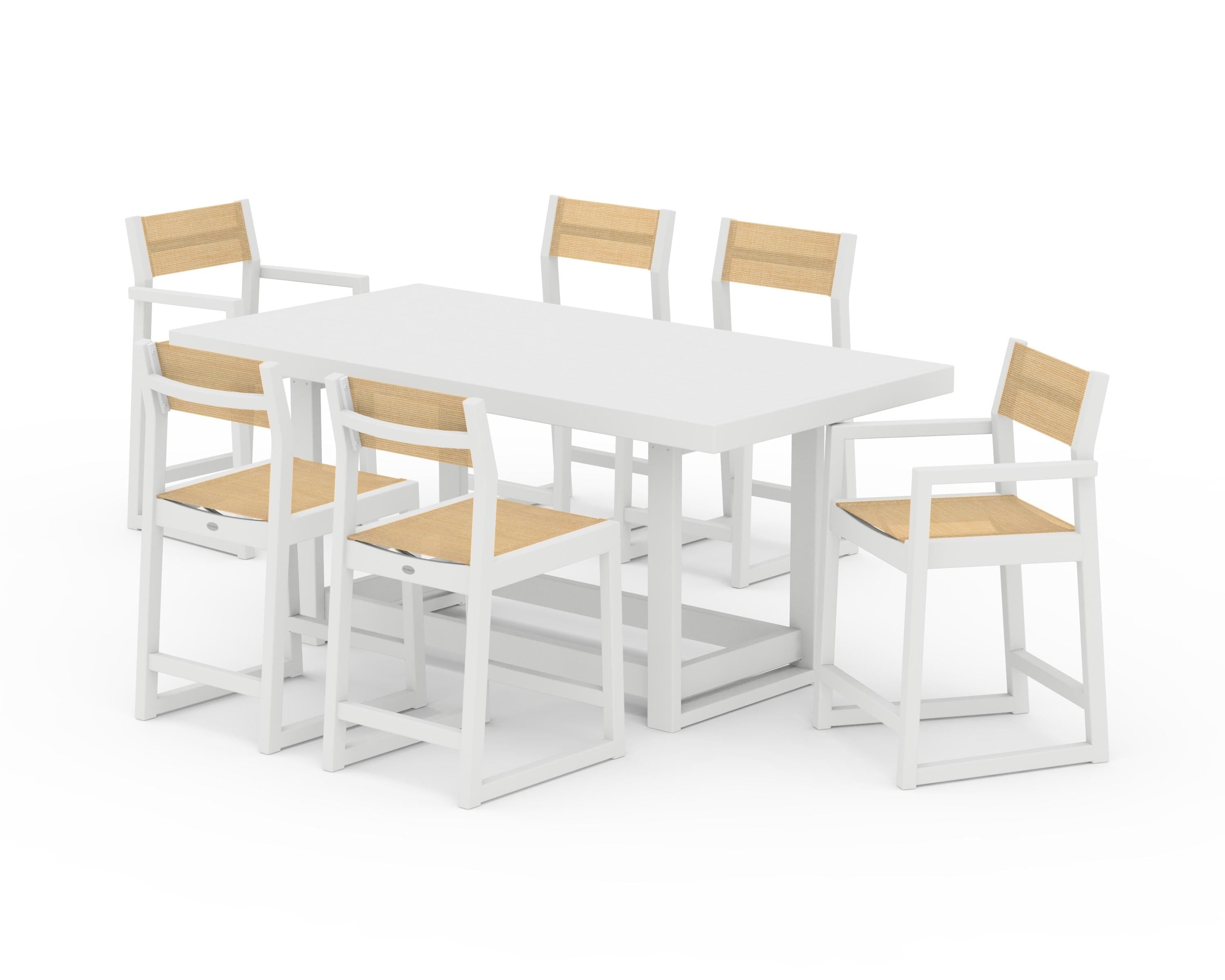POLYWOOD® EDGE Sling 7-Piece Counter Table Set in White / Dupioni Apricot Sling