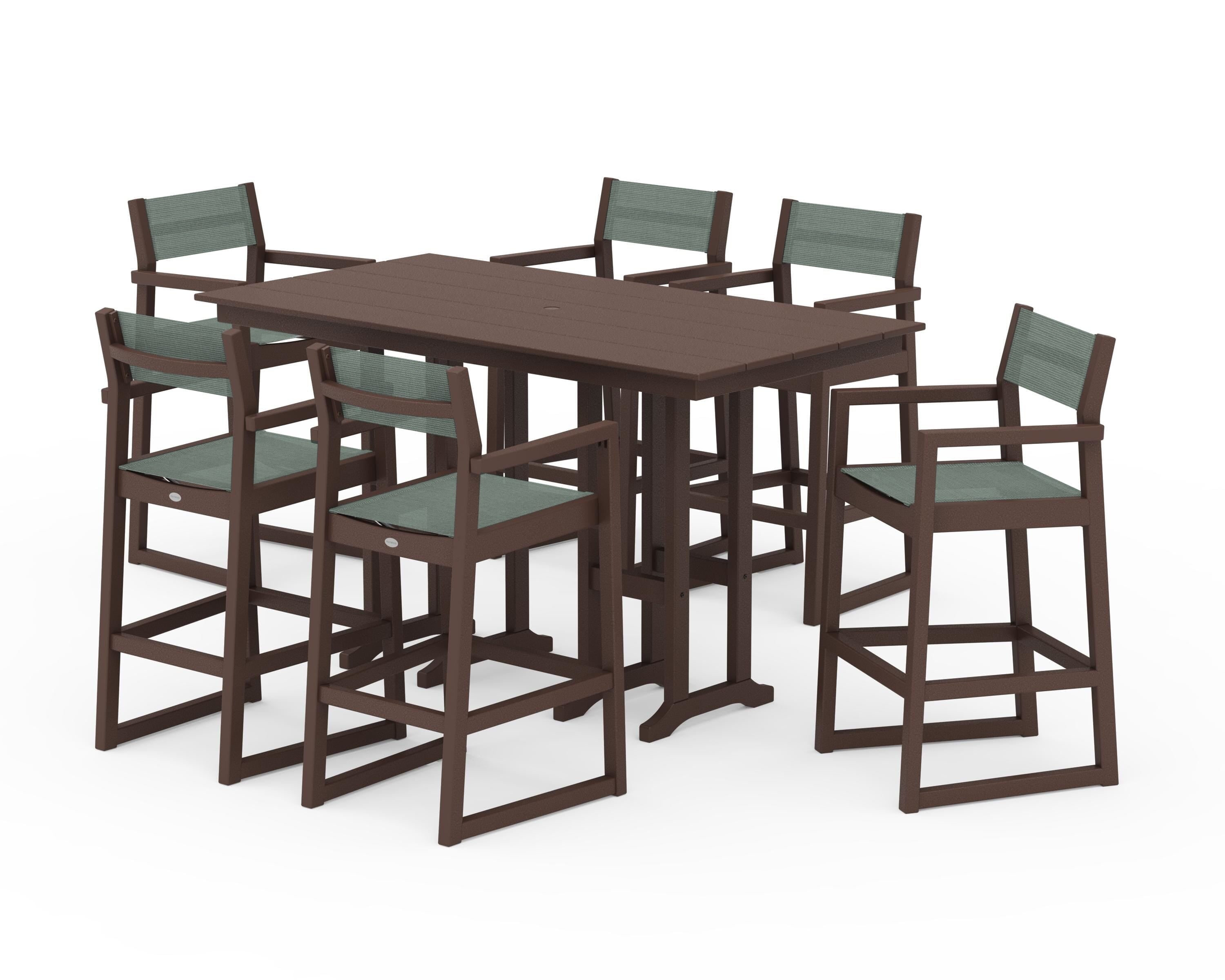 POLYWOOD® EDGE Sling Arm Chair 7-Piece Farmhouse Bar Set in Mahogany / Dupioni Sea Mist Sling