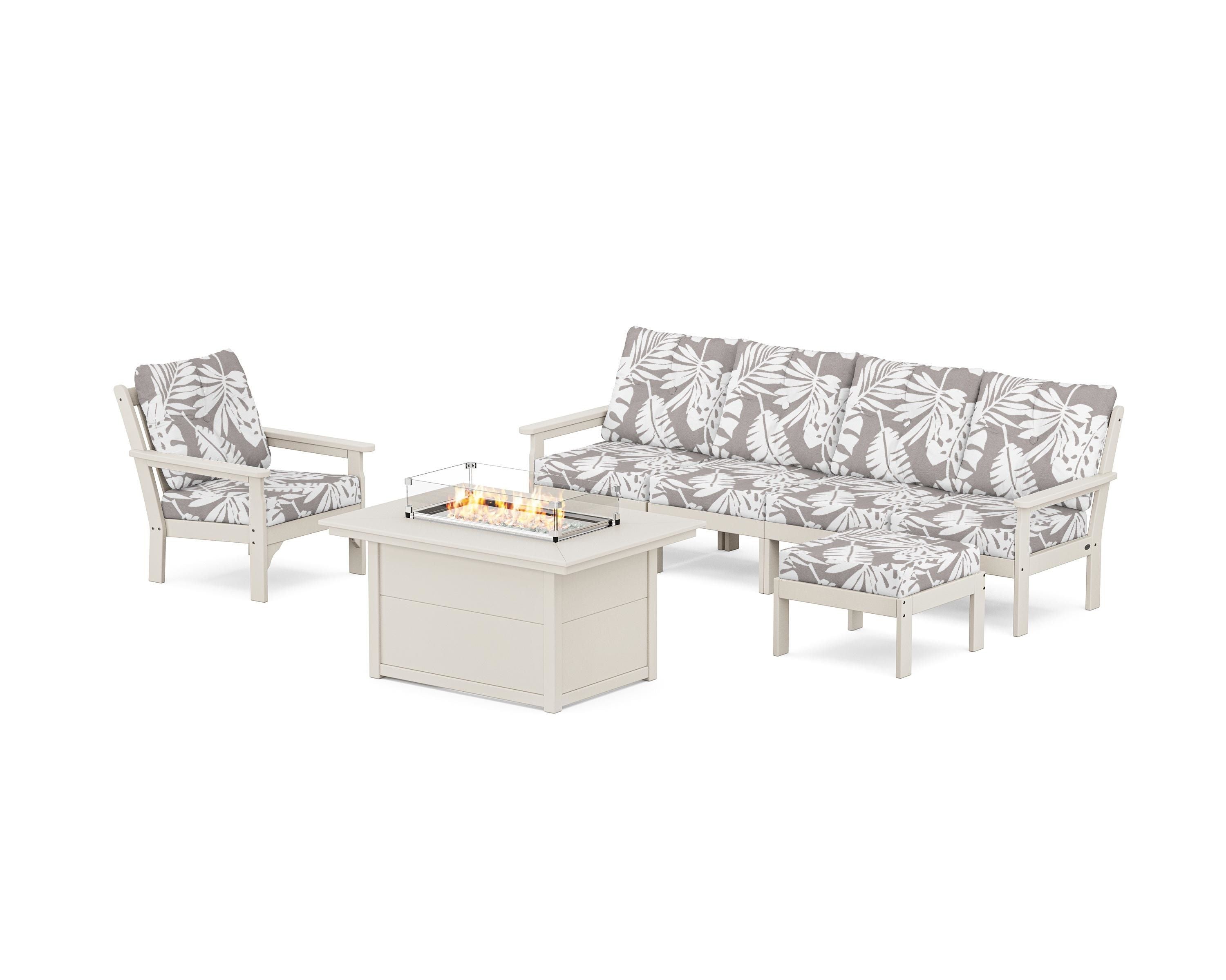 POLYWOOD® Vineyard Sectional Lounge and Fire Pit Set in Sand / Leaf Grey Mist