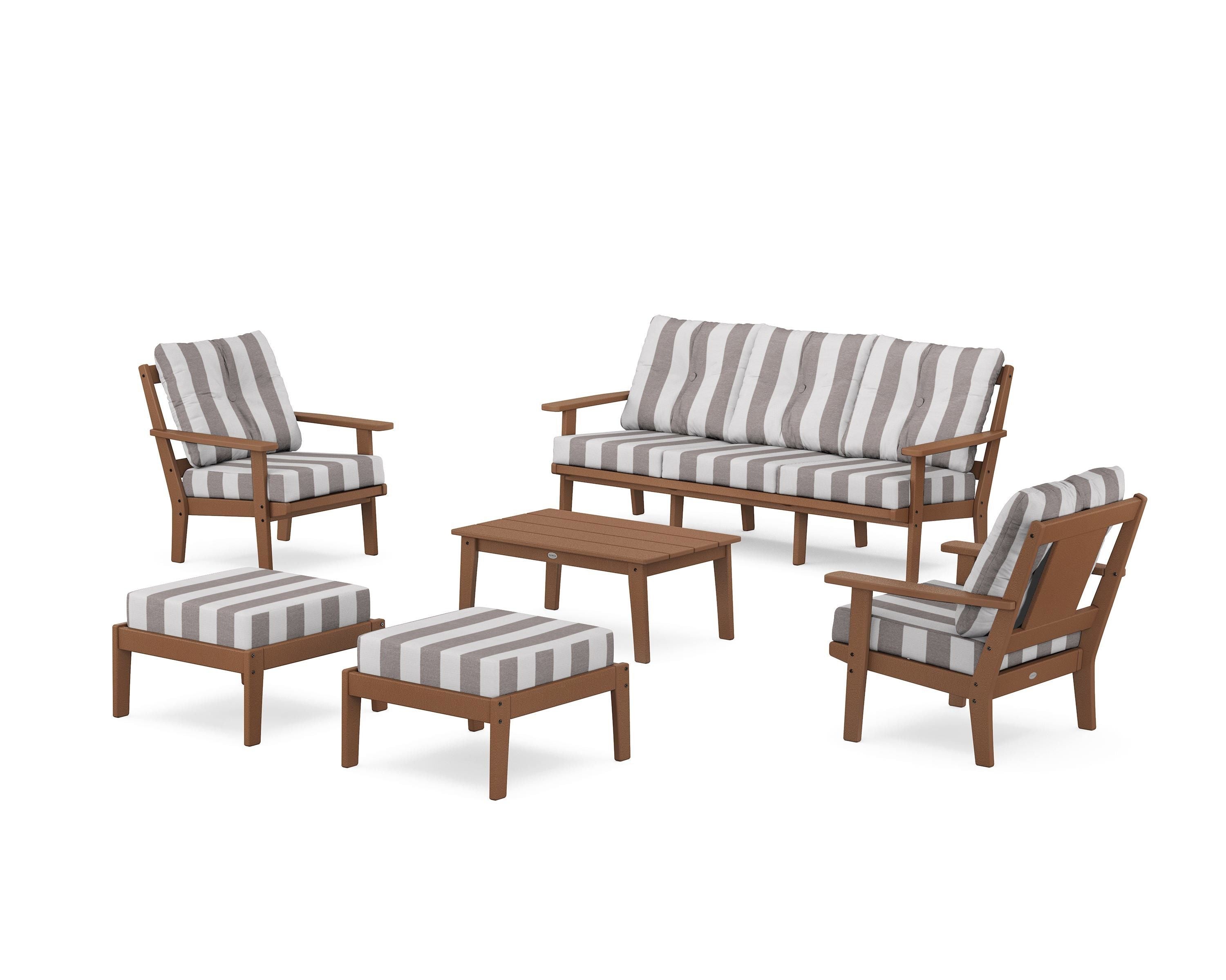 POLYWOOD® Prairie 6-Piece Lounge Sofa Set in Teak / Cabana Stripe Grey Mist