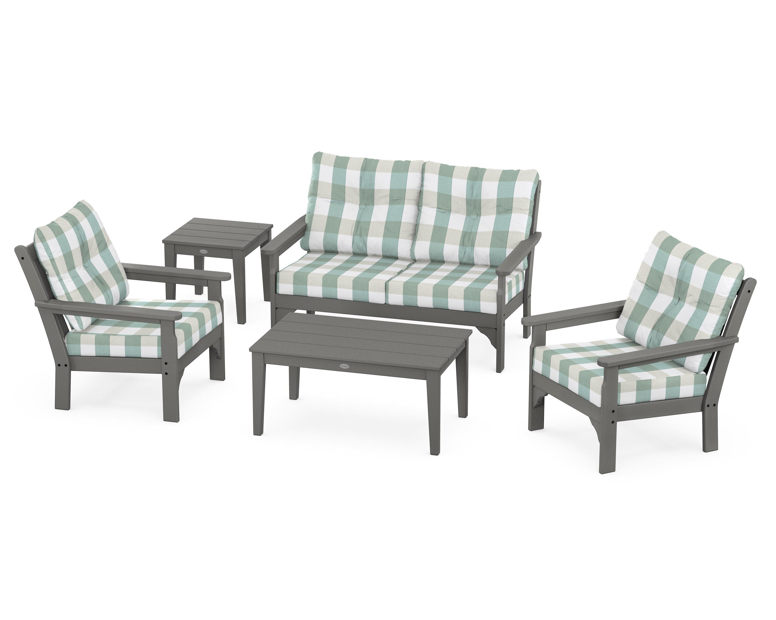 POLYWOOD® Vineyard 5-Piece Deep Seating Set in Slate Grey / Buffalo Plaid Glacier Spa