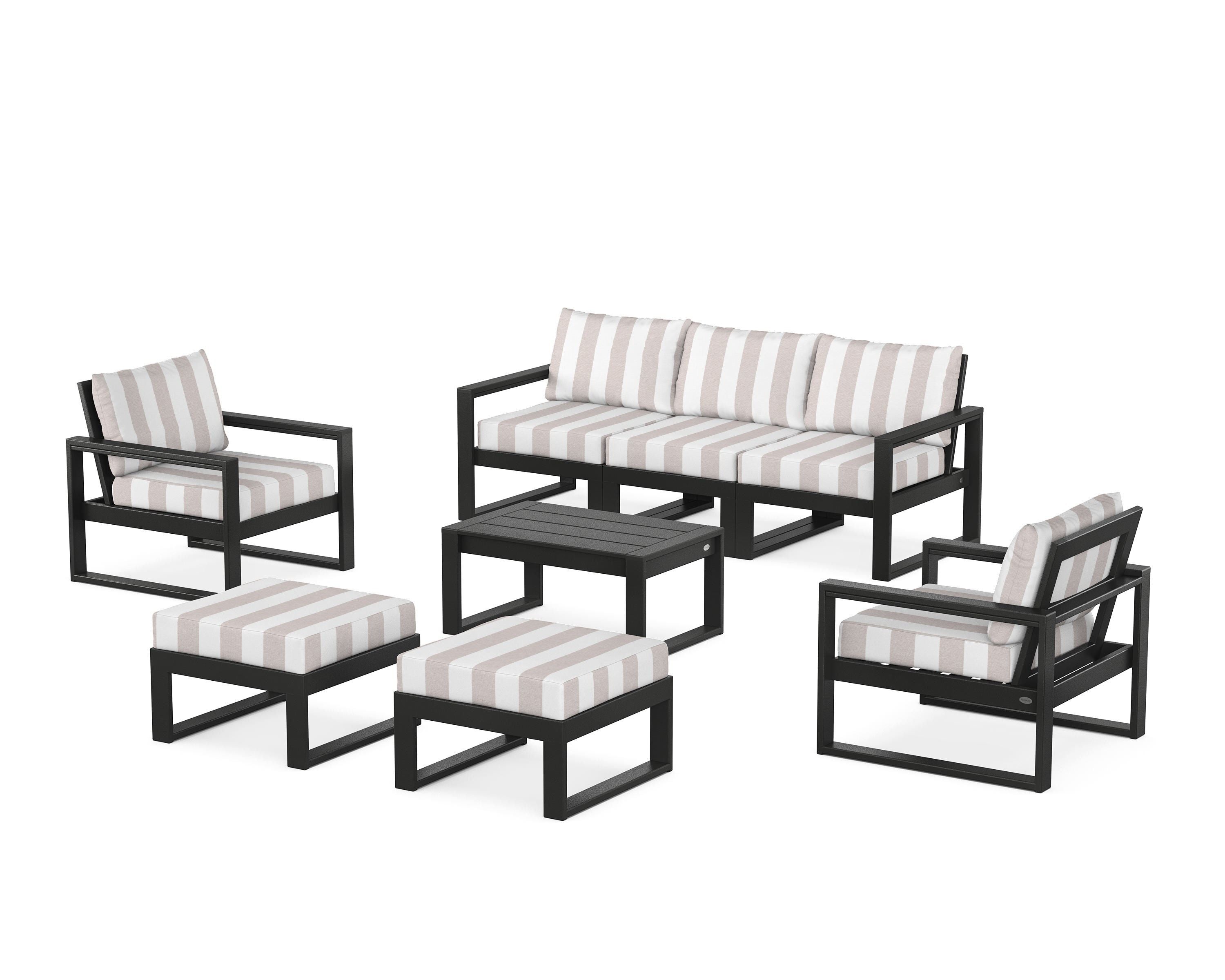 POLYWOOD® EDGE Sectional 8-Piece Lounge Sofa Set in Black / Cabana Stripe Dune Burlap