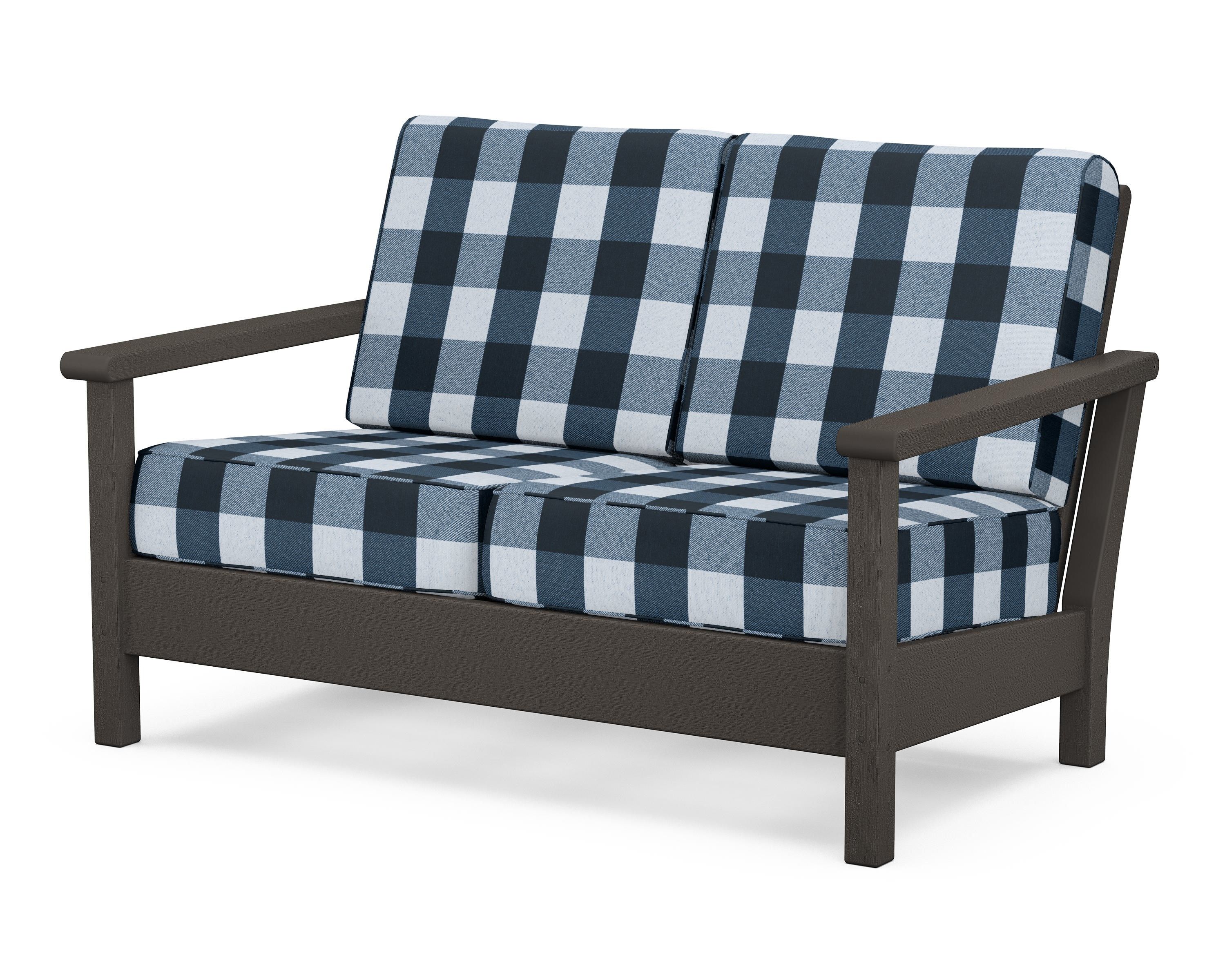 POLYWOOD® Harbour Deep Seating Loveseat in Vintage Coffee / Buffalo Plaid Marine Indigo