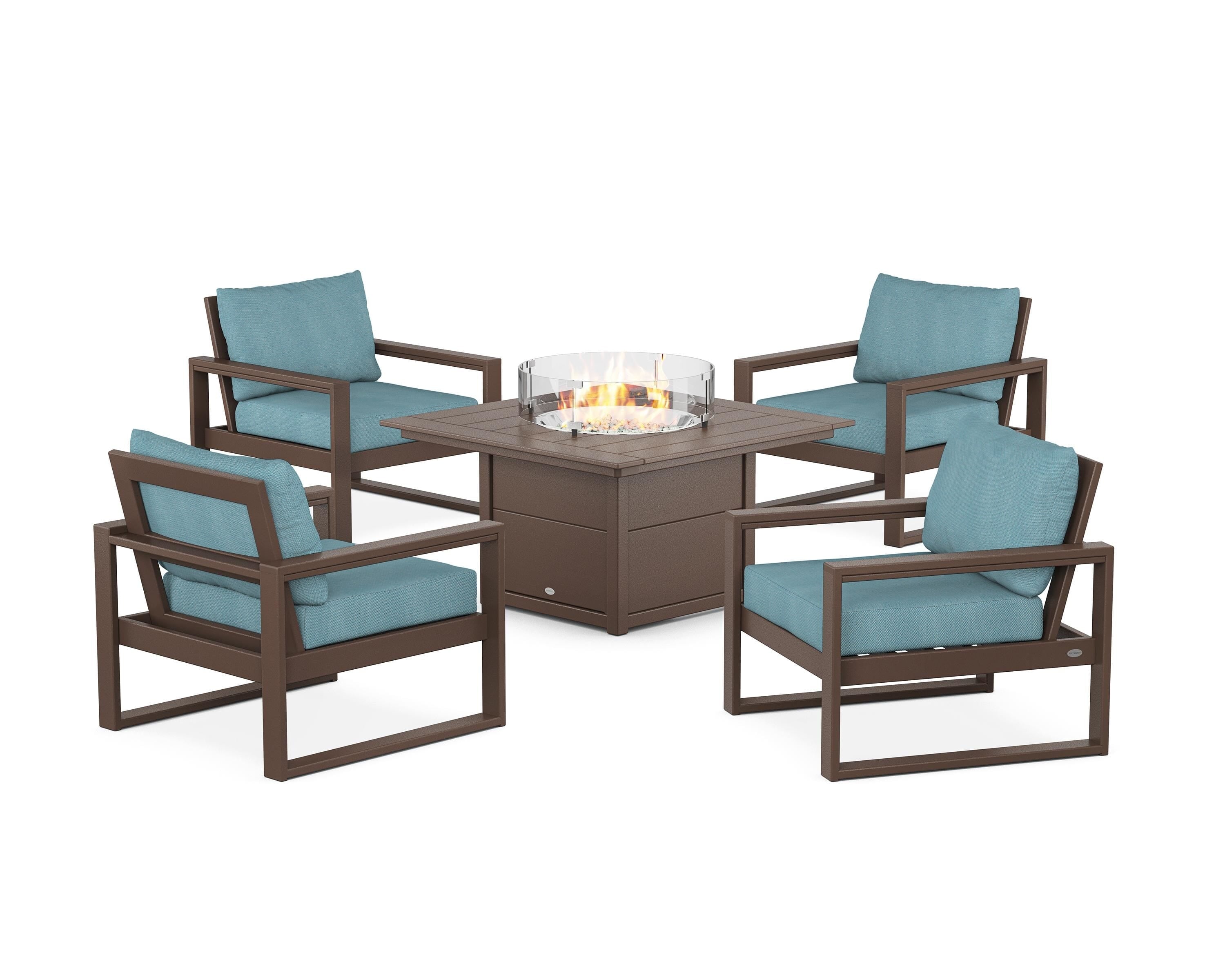 POLYWOOD® EDGE Sectional 5-Piece Deep Seating Set with Fire Pit Table in Mahogany / Lattice Sky Blue