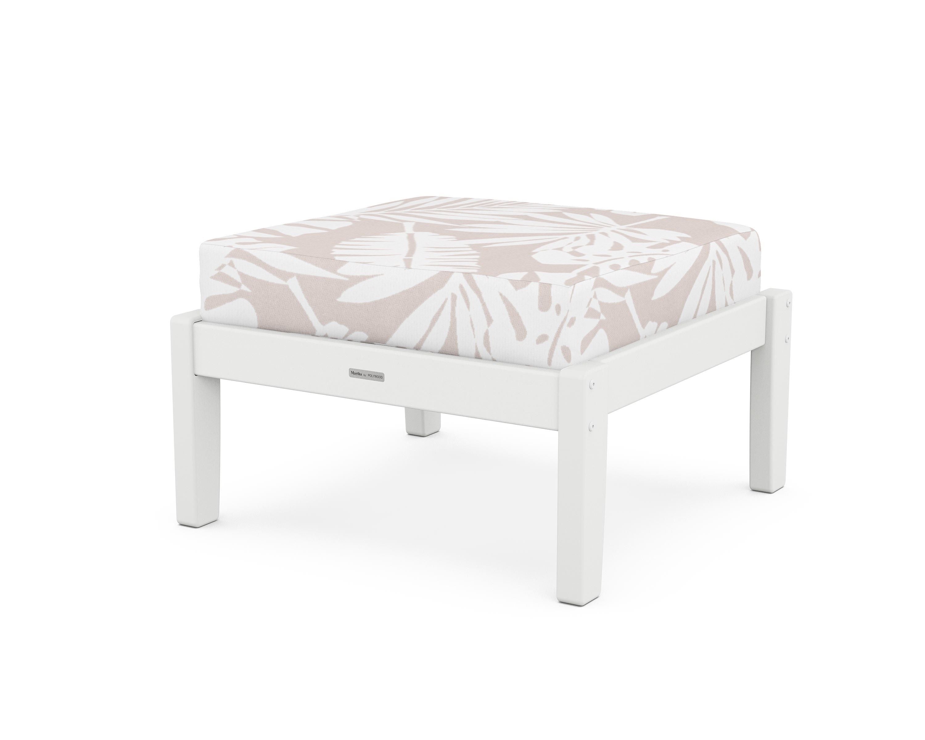 Martha Stewart by POLYWOOD® Chinoiserie Deep Seating Ottoman in White / Leaf Dune Burlap