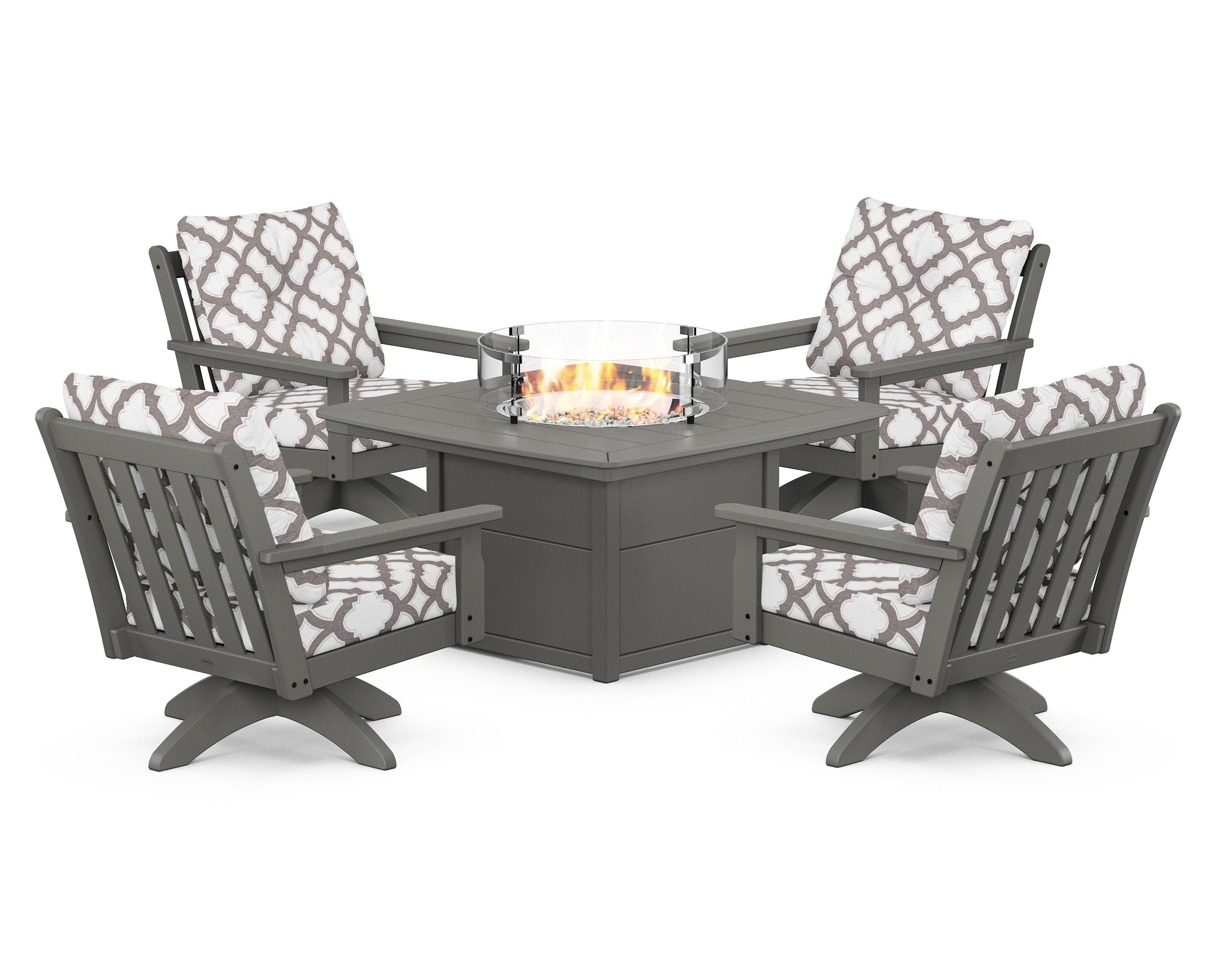 POLYWOOD® Vineyard 5-Piece Deep Seating Swivel Conversation Set with Fire Pit Table in Slate Grey / Trellis Grey Mist