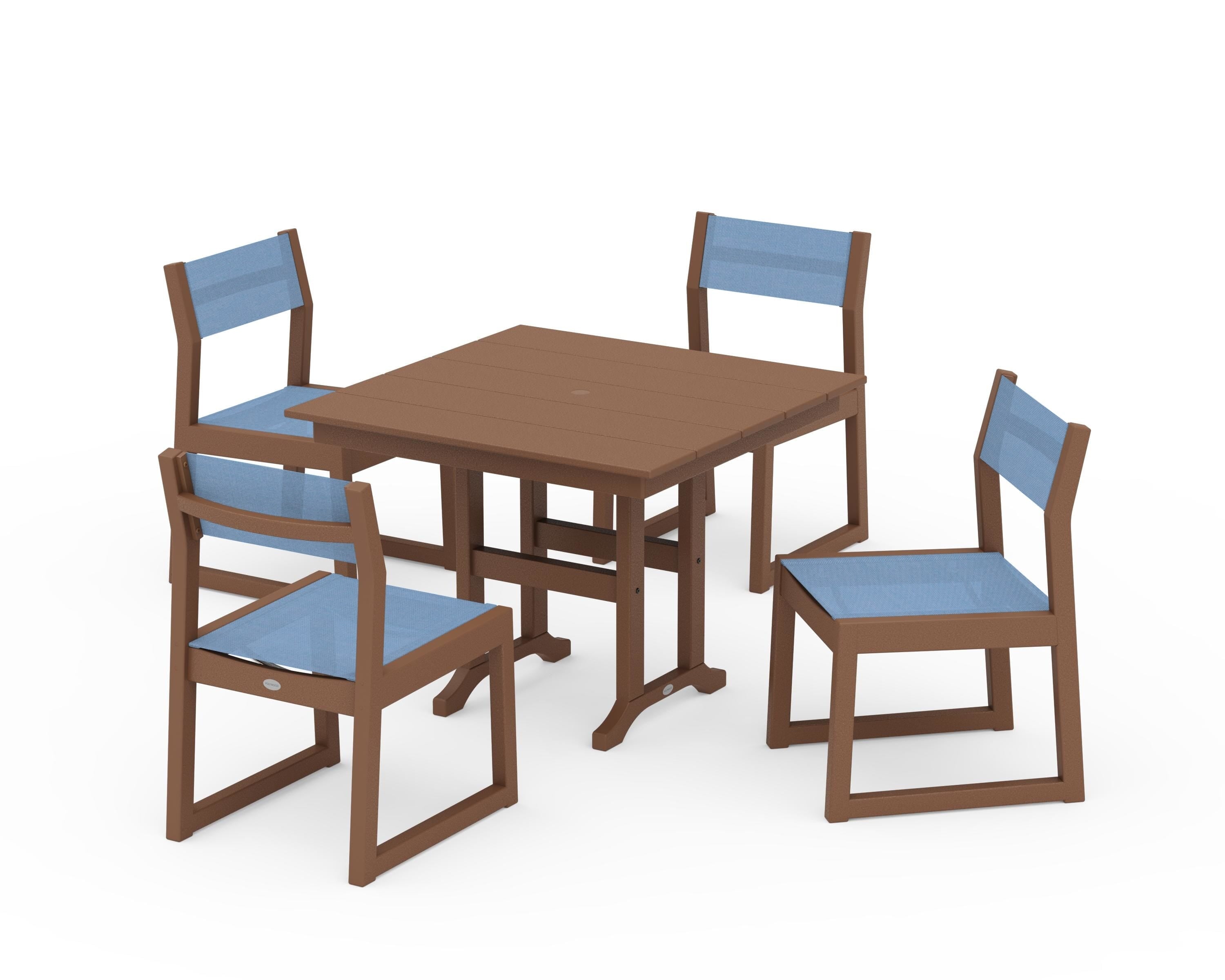 POLYWOOD® EDGE Sling Side Chair 5-Piece Farmhouse Dining Set in Teak / Poolside Sling
