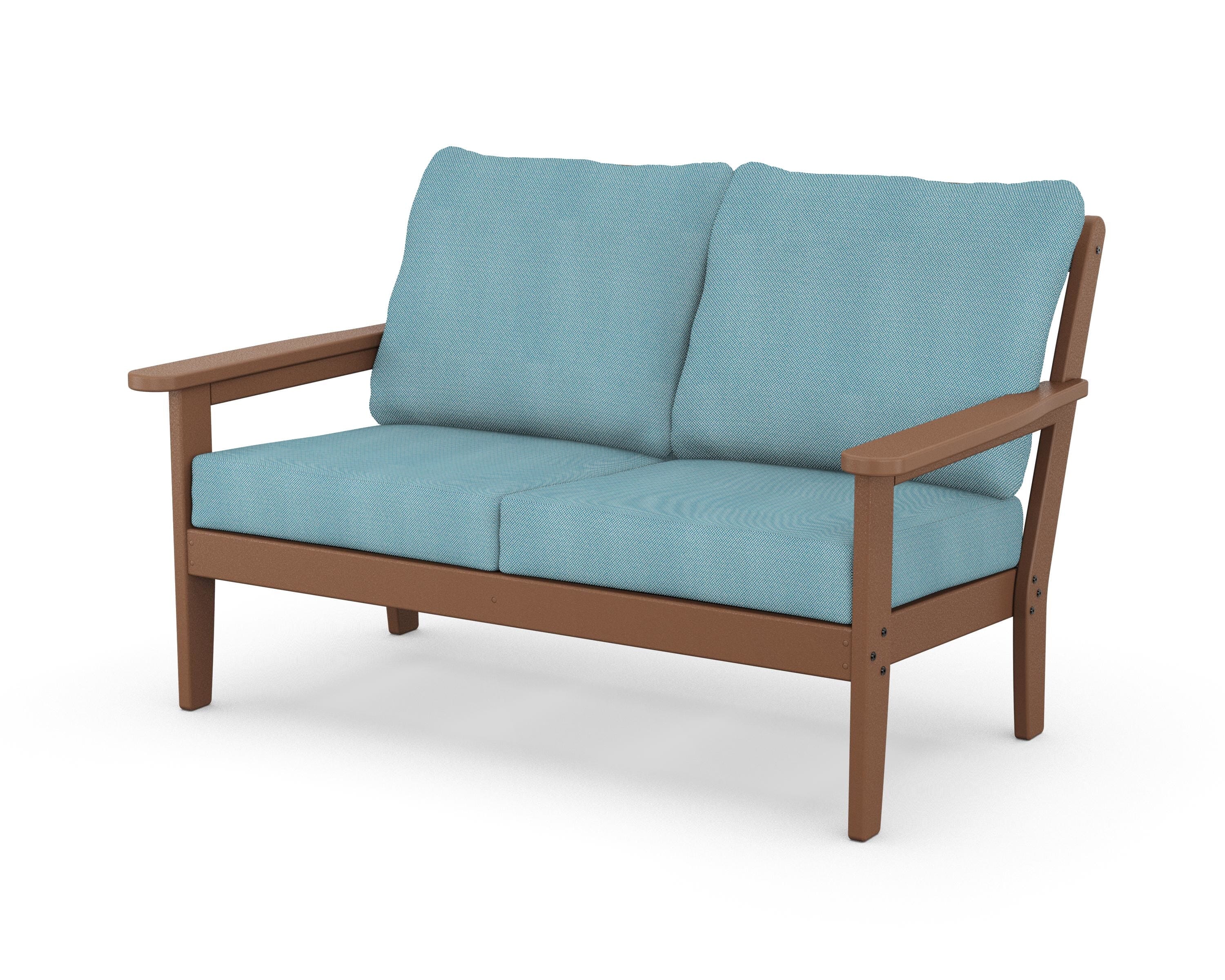 Country Living Cottage Deep Seating Loveseat in Teak / Lattice Sky Blue