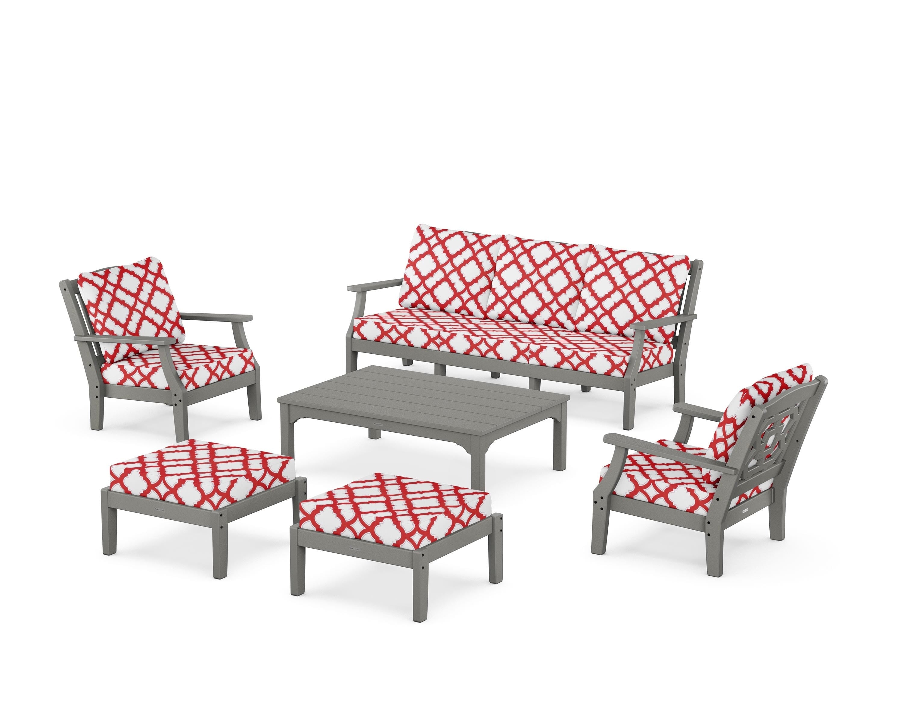 Martha Stewart by POLYWOOD® Chinoiserie 6-Piece Lounge Sofa Set in Slate Grey / Trellis Crimson