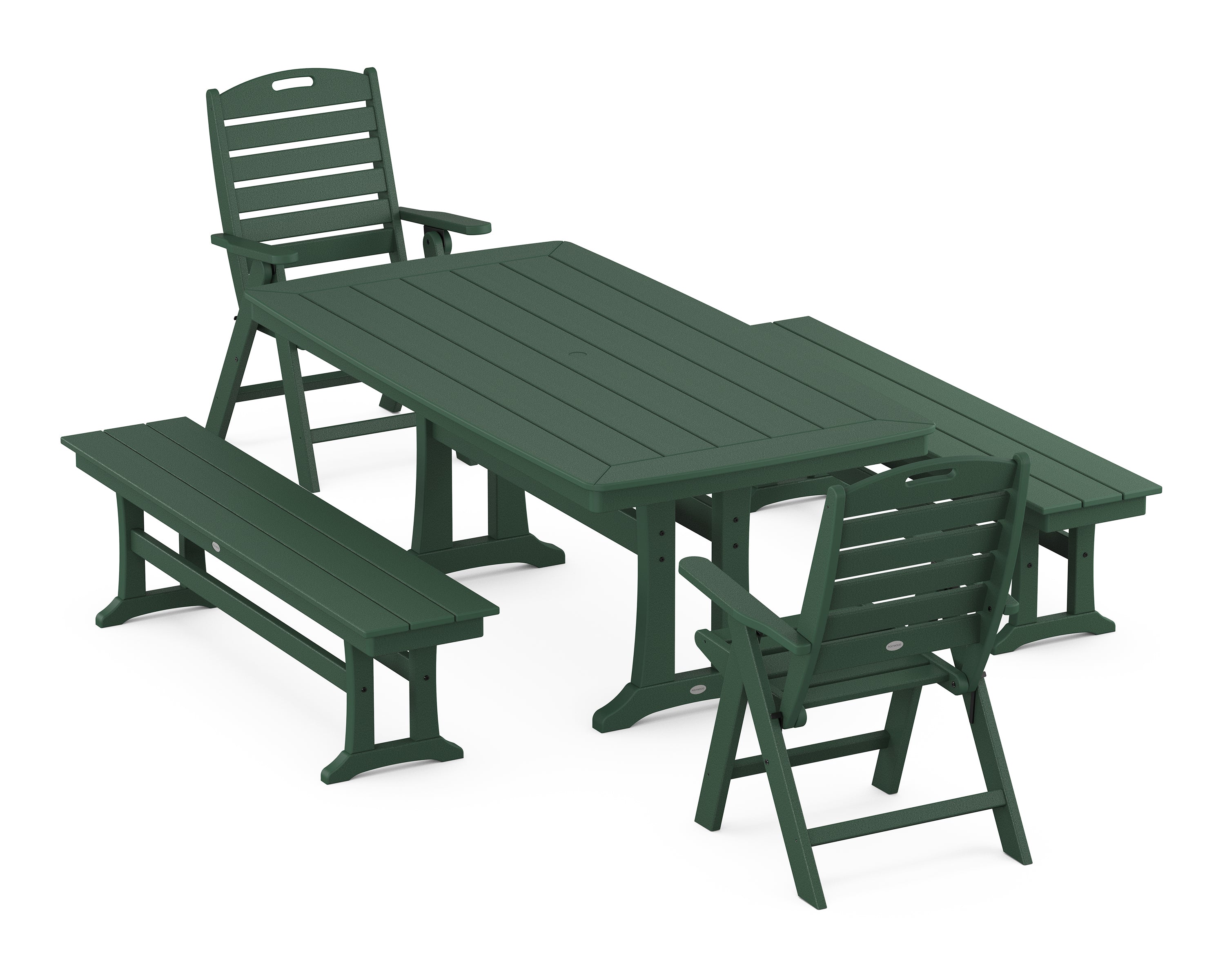 POLYWOOD® Nautical Folding Highback Chair 5-Piece Dining Set with Trestle Legs and Benches in Green
