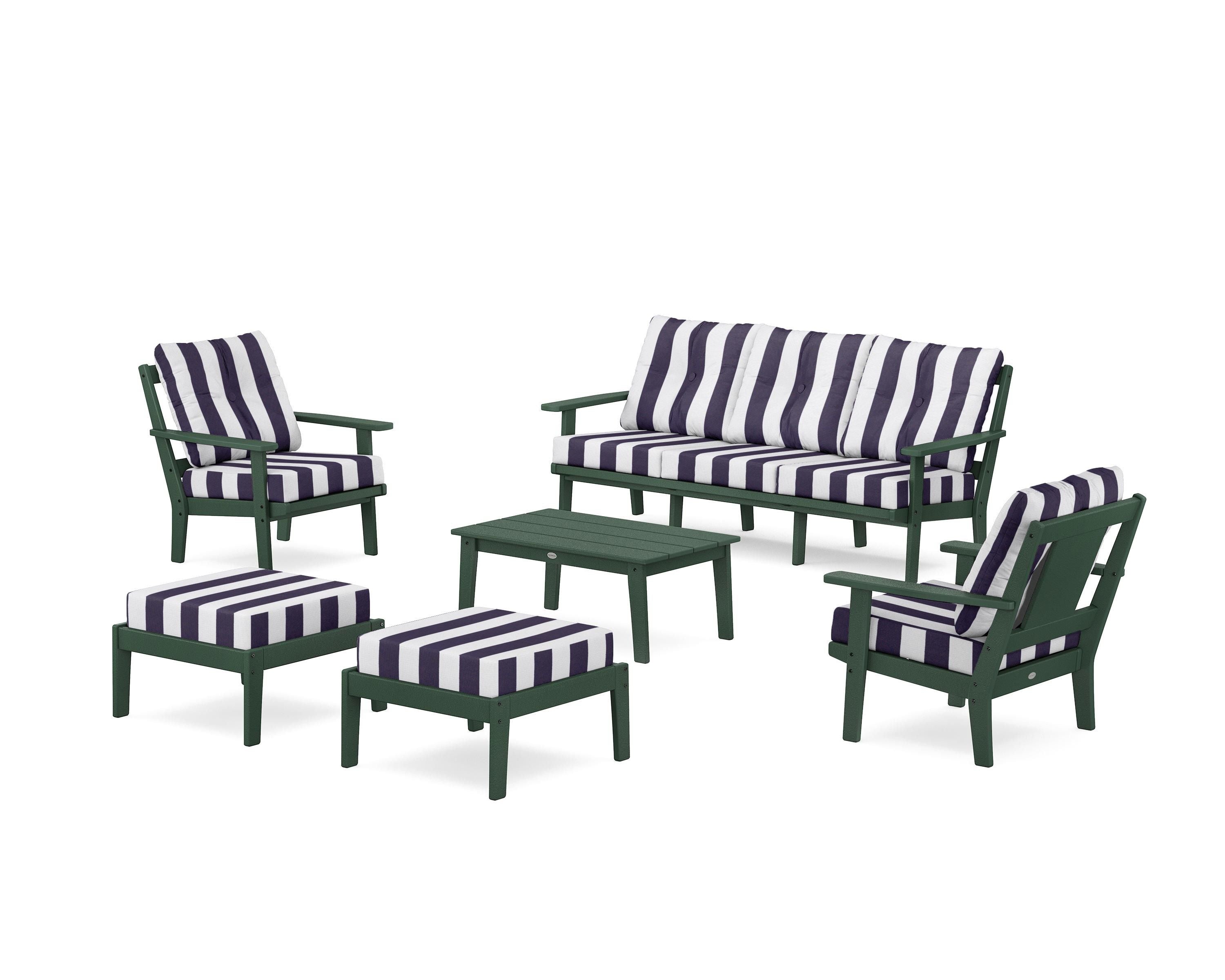 POLYWOOD® Prairie 6-Piece Lounge Sofa Set in Green / Cabana Stripe Navy