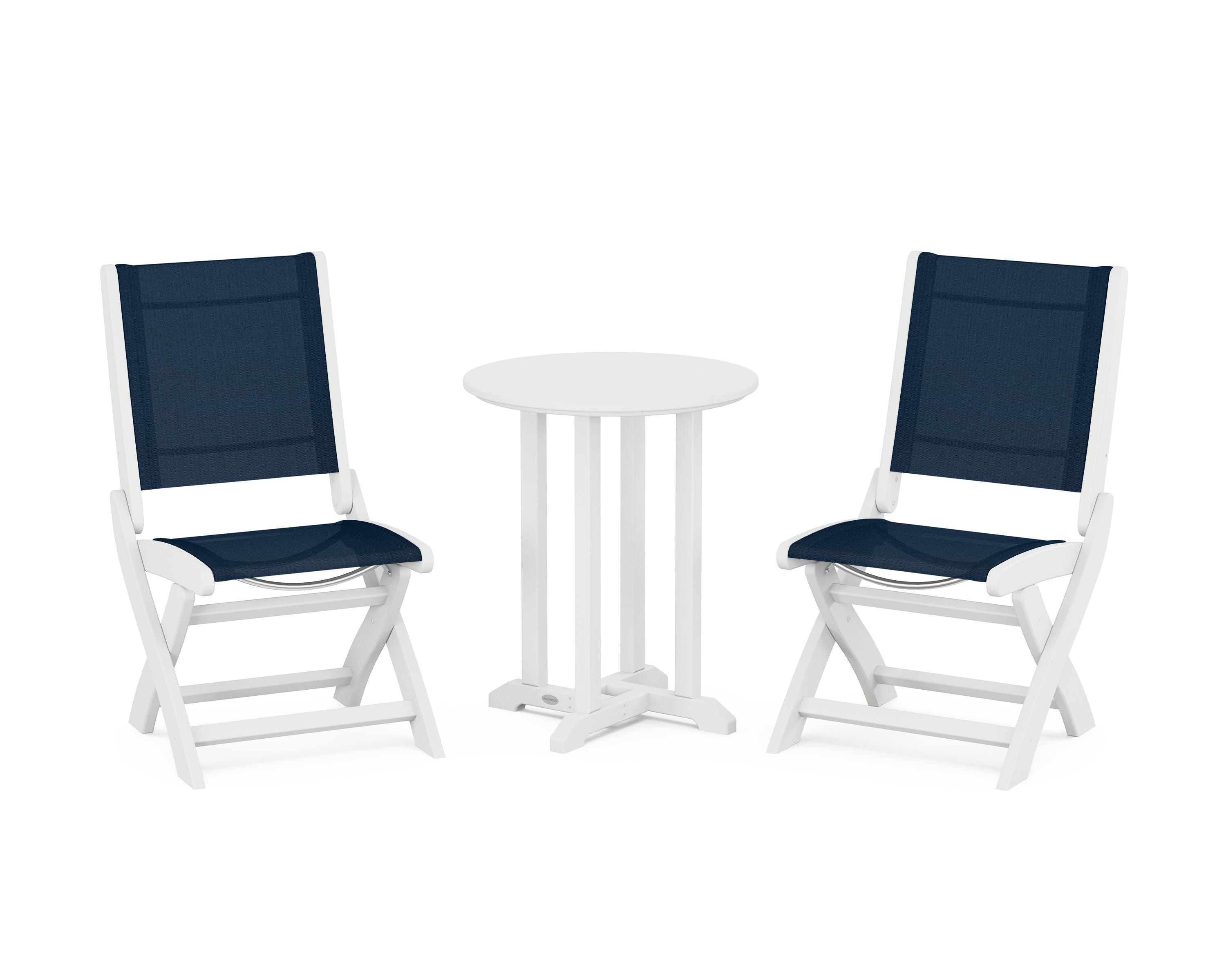 POLYWOOD® Coastal Folding Side Chair 3-Piece Round Bistro Dining Set in White / Navy Blue Sling