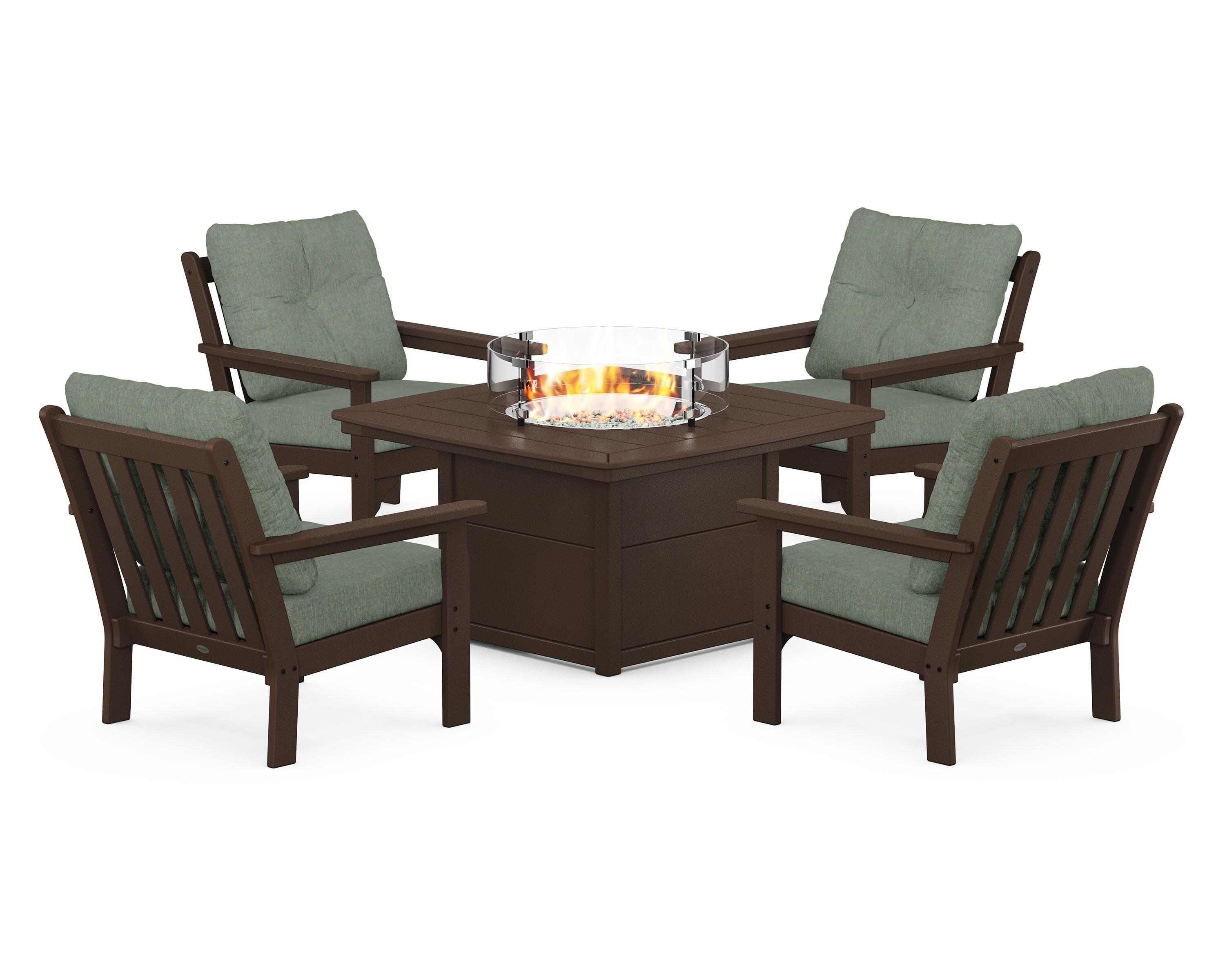 POLYWOOD® Vineyard 5-Piece Conversation Set with Fire Pit Table in Mahogany / Cast Sage