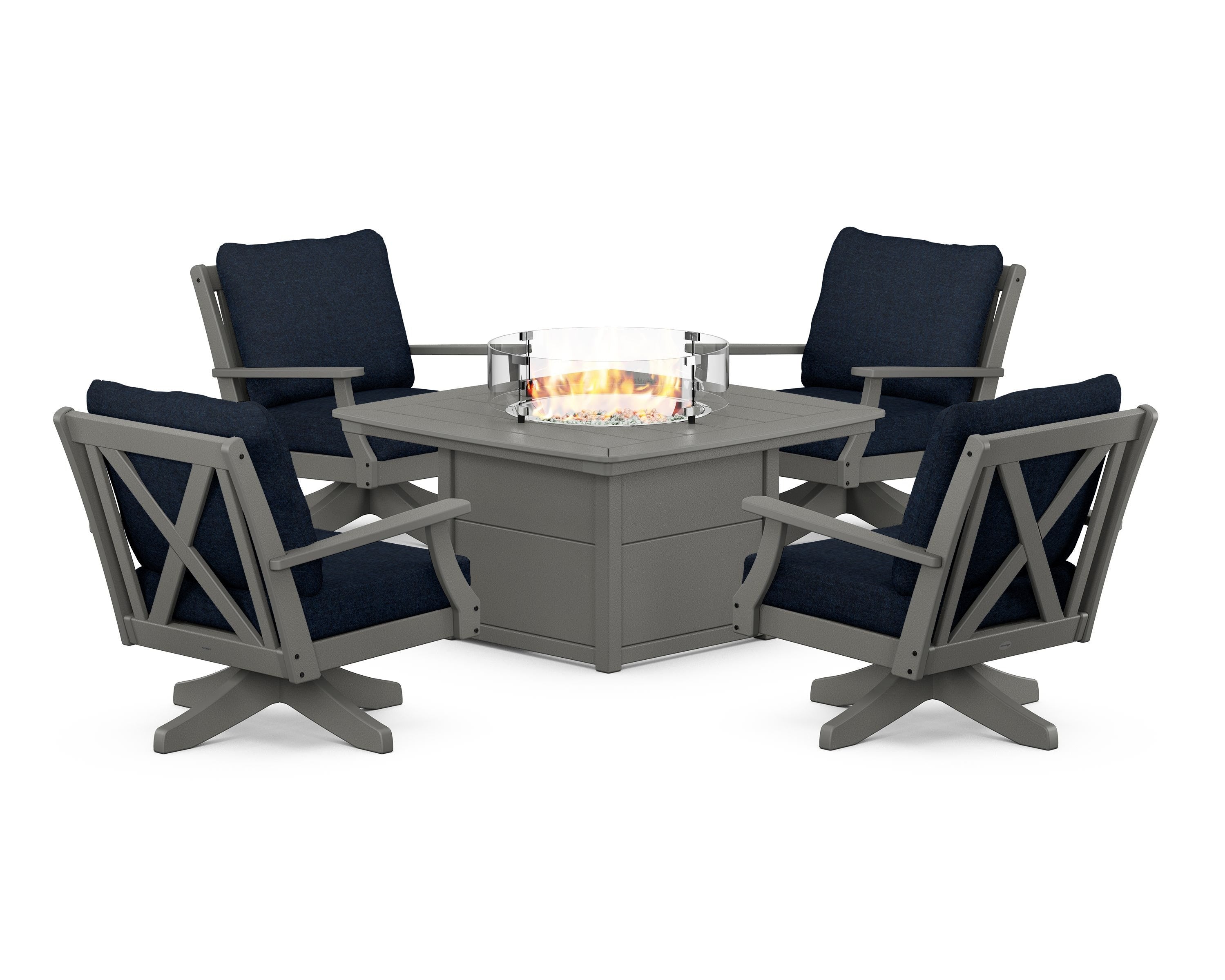 POLYWOOD® Braxton 5-Piece Deep Seating Swivel Conversation Set with Fire Pit Table in Slate Grey / Marine Indigo
