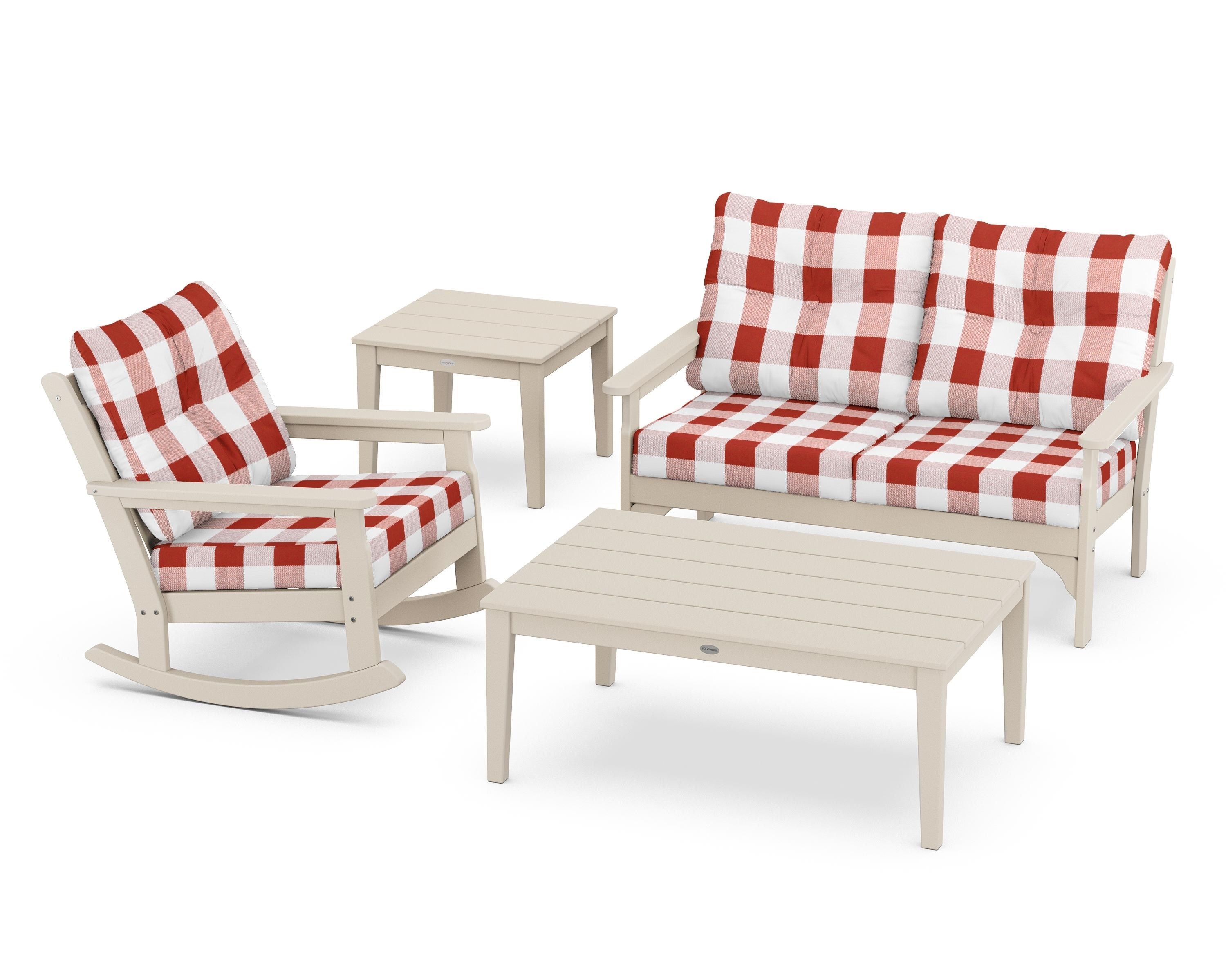 POLYWOOD® Vineyard 4-Piece Deep Seating Rocker Set in Sand / Buffalo Plaid Crimson