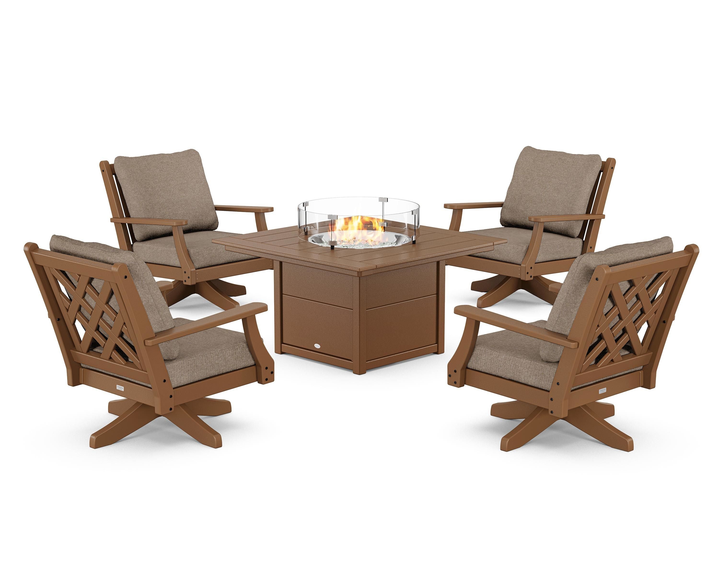 Country Living Wovendale 5-Piece Deep Seating Swivel Conversation Set with Fire Pit Table in Teak / Spiced Burlap