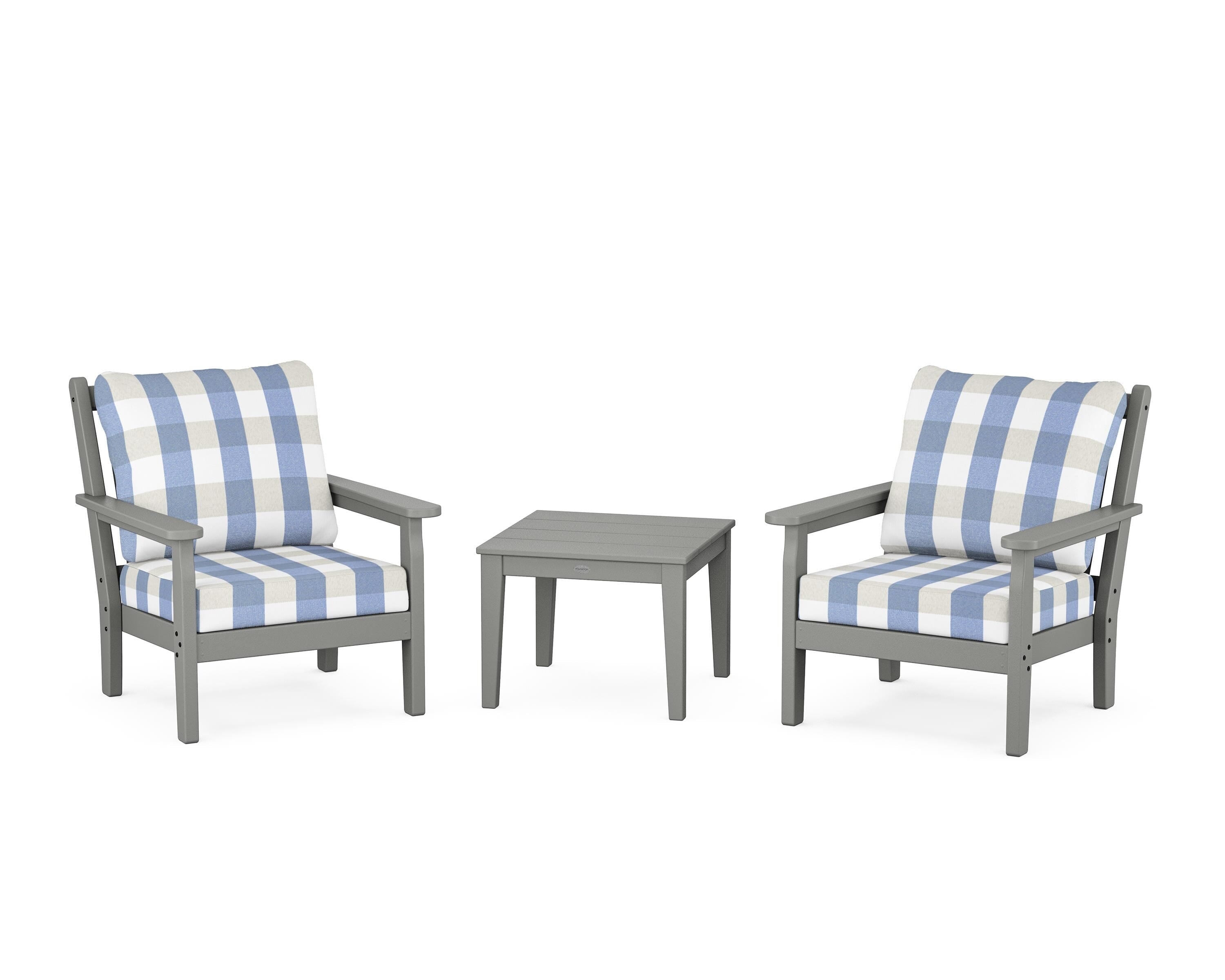 POLYWOOD® Chippendale 3-Piece Deep Seating Set in Slate Grey / Buffalo Plaid Sky Blue