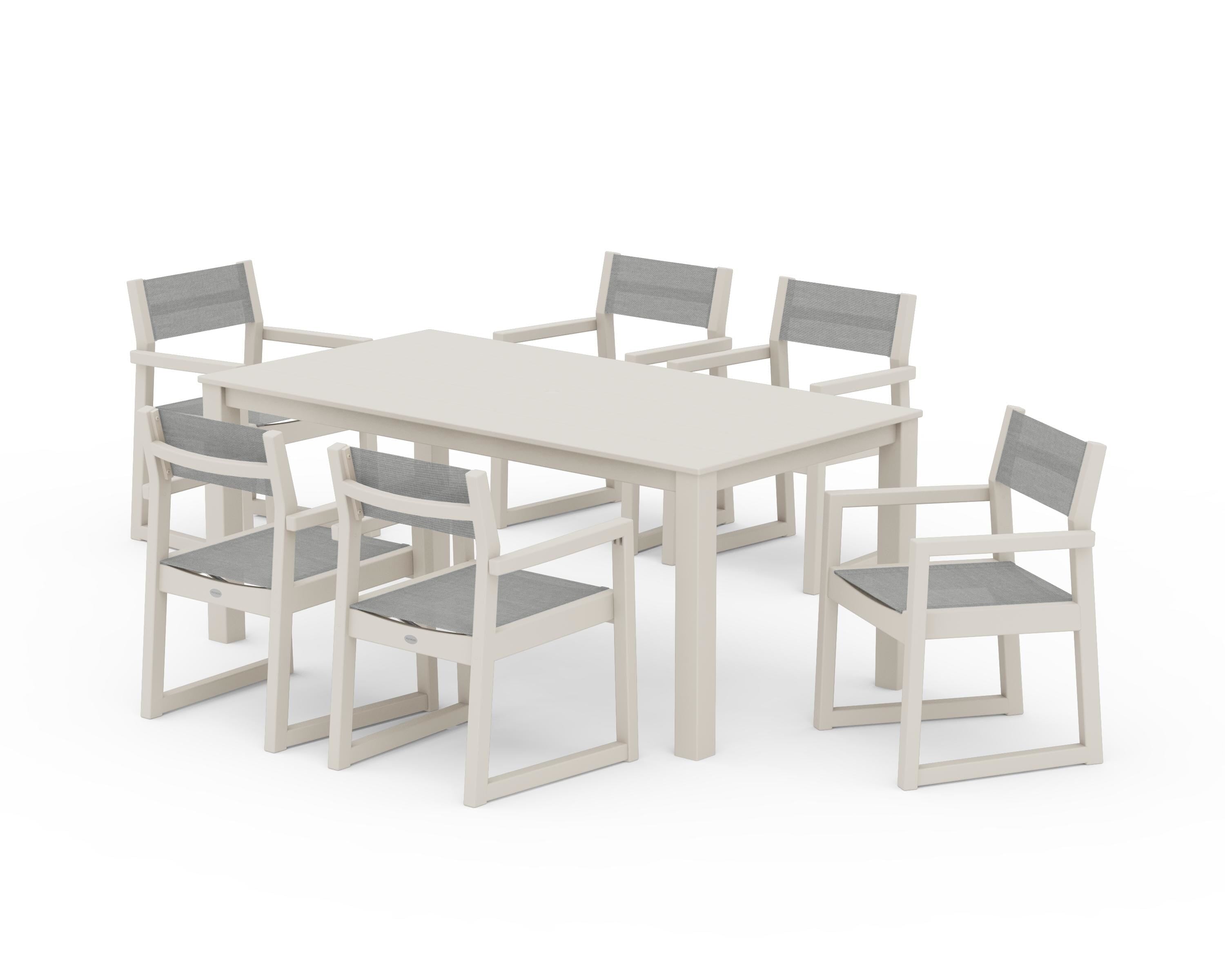 POLYWOOD® EDGE Sling Arm Chair 7-Piece Parsons Dining Set in Sand / Metallic Sling