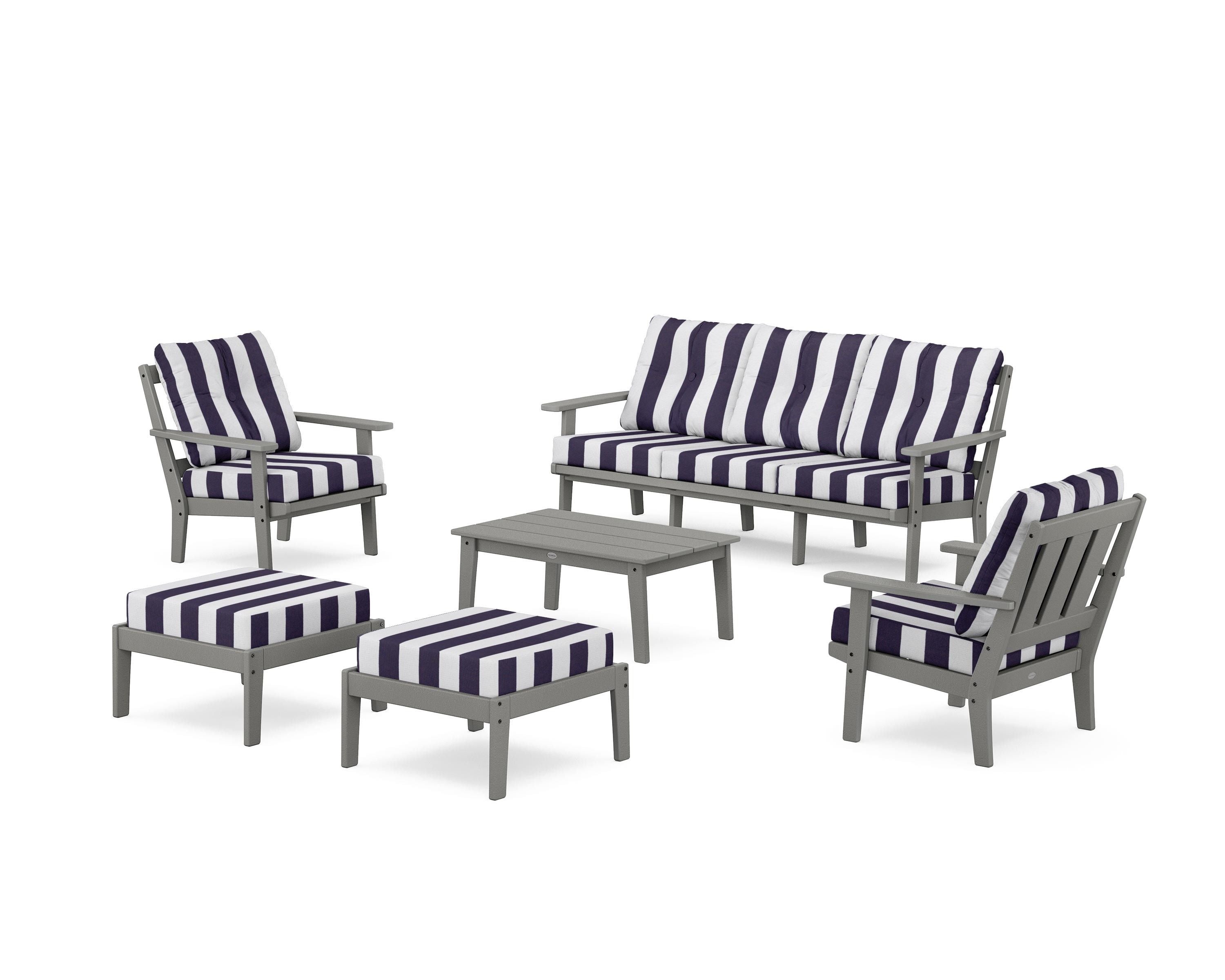 POLYWOOD® Oxford 6-Piece Lounge Sofa Set in Slate Grey / Cabana Stripe Navy